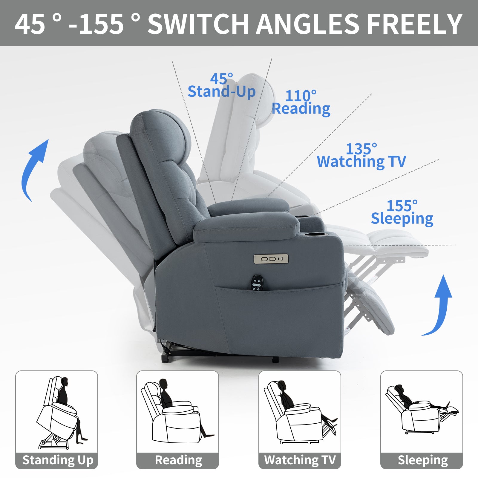 Up to 350 LBS Power Lift Recliner Chair, Heavy Duty Motion Mechanism with 8-Point Vibration Massage and Lumbar Heating, Cup Holders, USB and Type-C Ports, Removable Cushions, Blue - Value Lift Chairs 