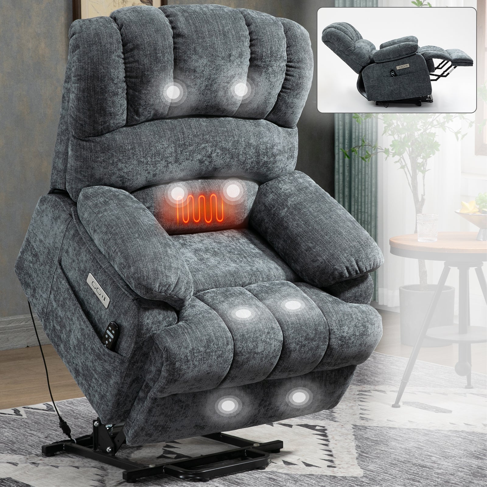 23" Seat Width and High Back Large Size Blue Chenille Power Lift Recliner Chair with 8-Point Vibration Massage and Lumbar Heating - Value Lift Chairs 