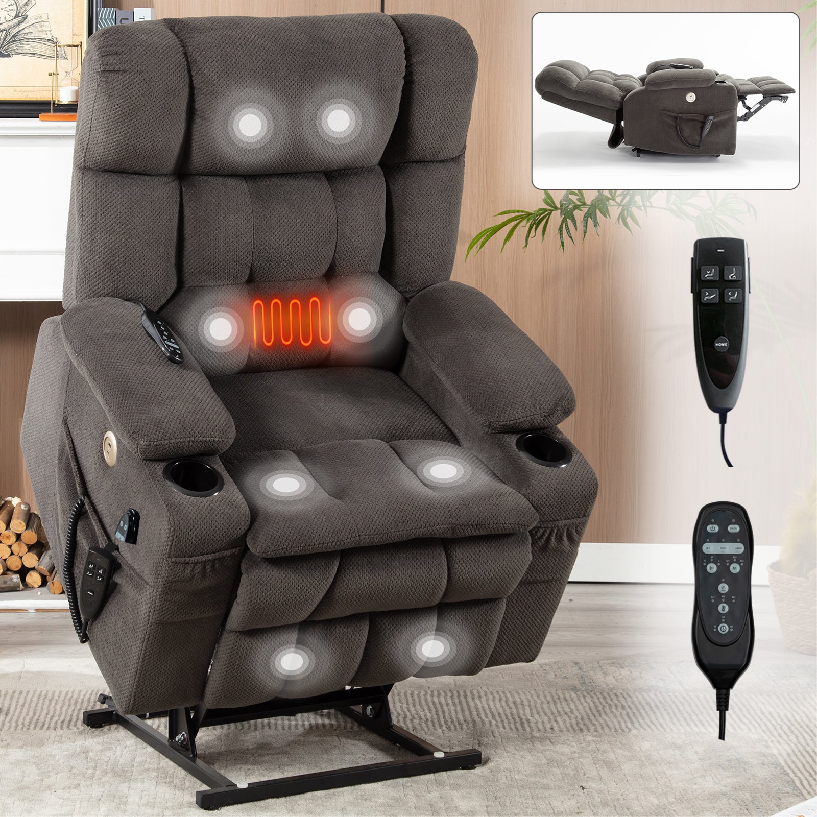 Brown Infinite Position Layflat Power Lift Chair. Chenille Fabric