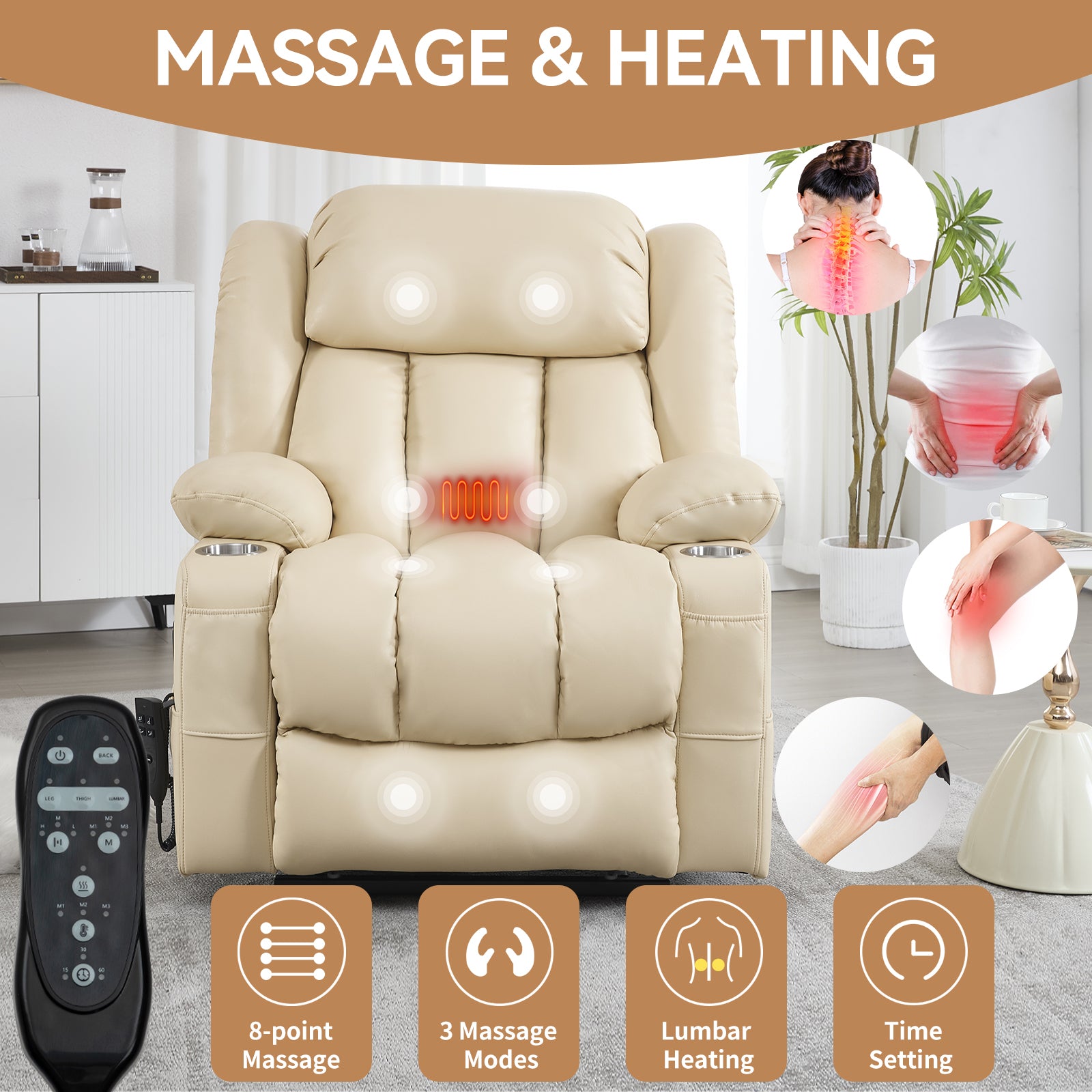 Dual Motor Infinite Position Up to 350 LBS Leatheraire Power Lift Recliner Chair, Heavy Duty Motion Mechanism with 8-Point Vibration Massage and Lumbar Heating, Stainless steel Cup Holders, Beige