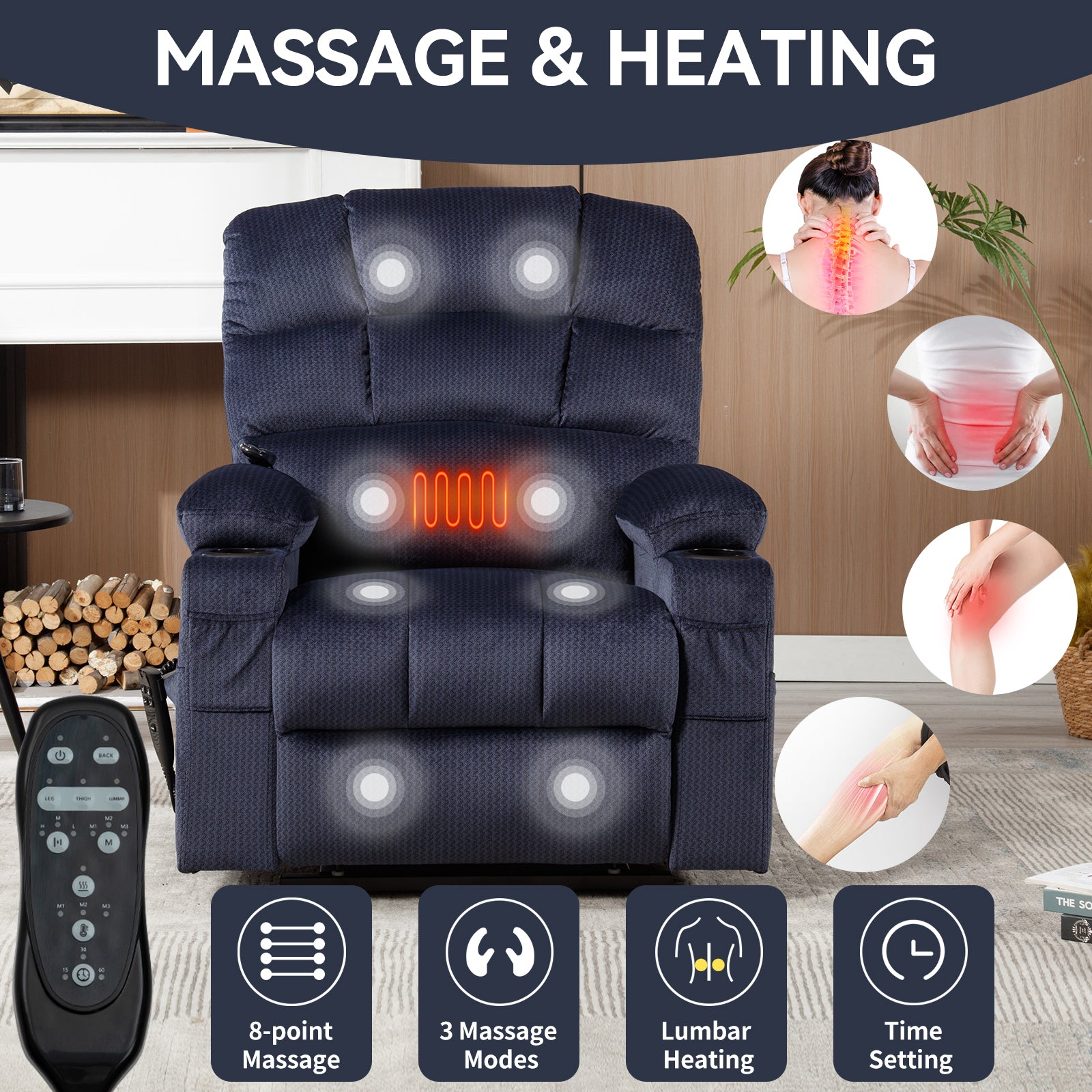 Blue Dual Motor Infinite Position Up to 350 LBS Chenille Power Lift Recliner Chair, Heavy Duty Motion Mechanism with 8-Point Vibration Massage and Lumbar Heating, Dual Cup Holders