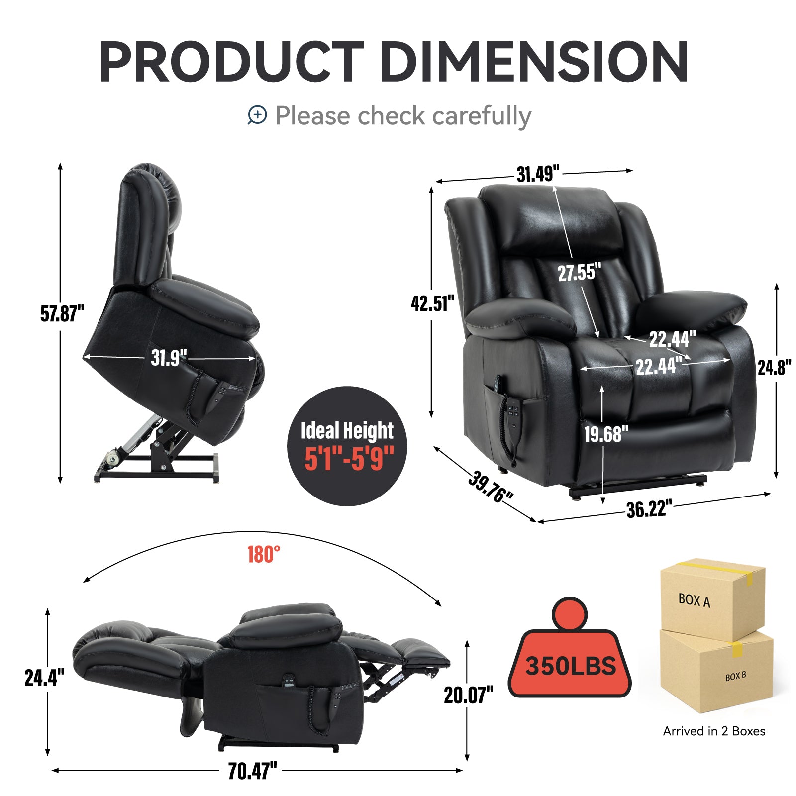 Dual Motor Infinite Position Up to 350 LBS Electric Medium size Genuine Leather Black Power Lift Recliner Chair with 8-Point Vibration Massage and Lumbar Heating - Value Lift Chairs 