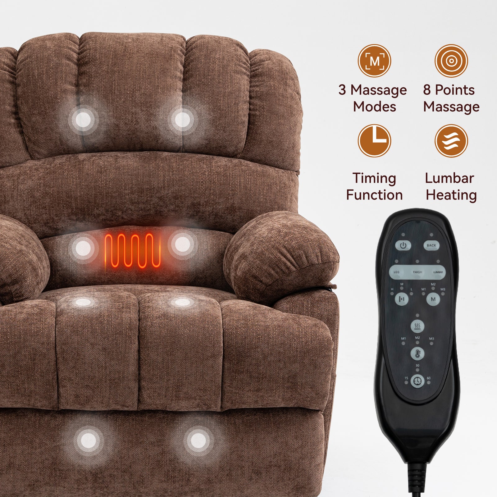 23" Seat Width and High Back Large Size Chenille Power Lift Recliner Chair with 8-Point Vibration Massage and Lumbar Heating, Brown - Value Lift Chairs 