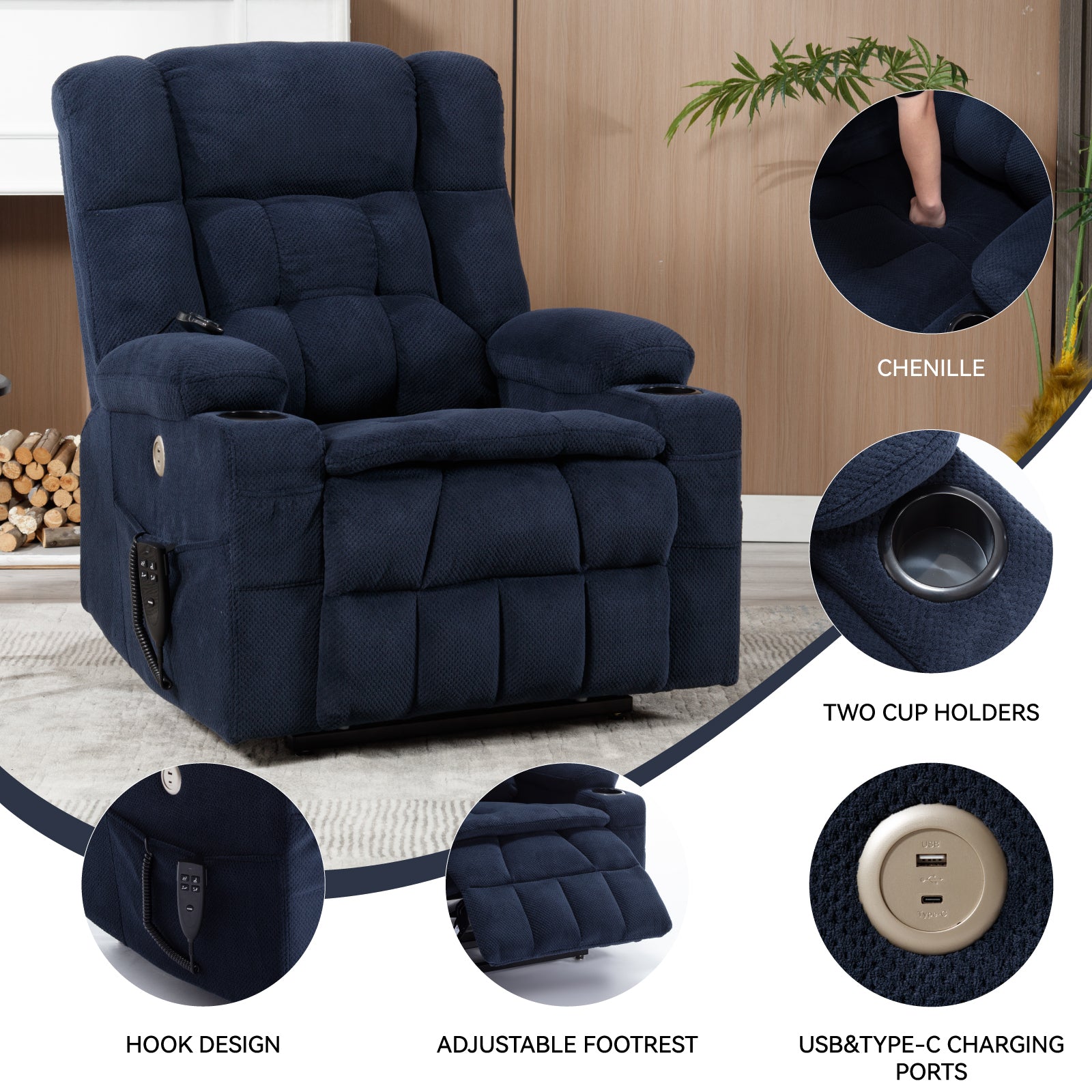 Blue Dual Motor Infinite Position Up to 350 LBS Chenille Power Lift Recliner Chair, Heavy Duty Motion Mechanism with 8-Point Vibration Massage and Lumbar Heating, Dual Cup Holders