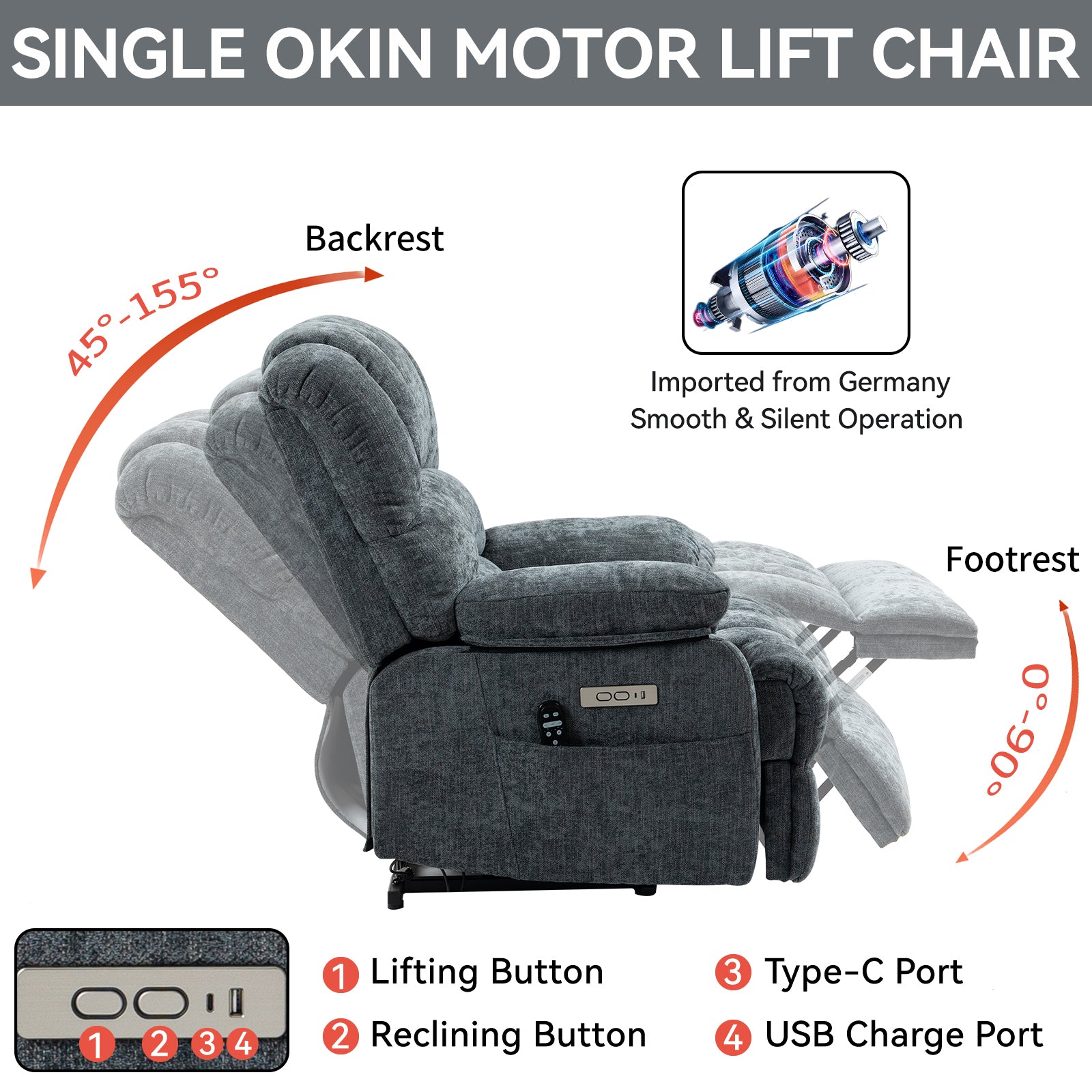 23" Seat Width and High Back Large Size Blue Chenille Power Lift Recliner Chair with 8-Point Vibration Massage and Lumbar Heating - Value Lift Chairs 