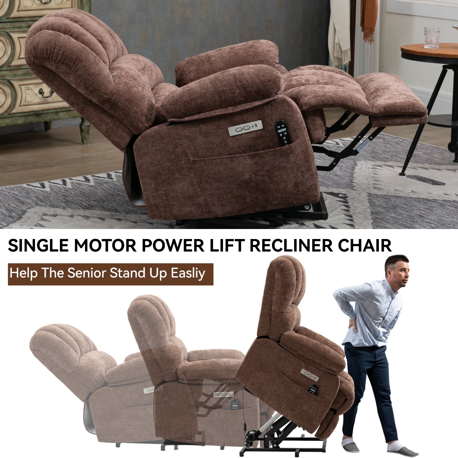 23" Brown  Chenille Power Lift  Chair with Massage and Lumbar Heating