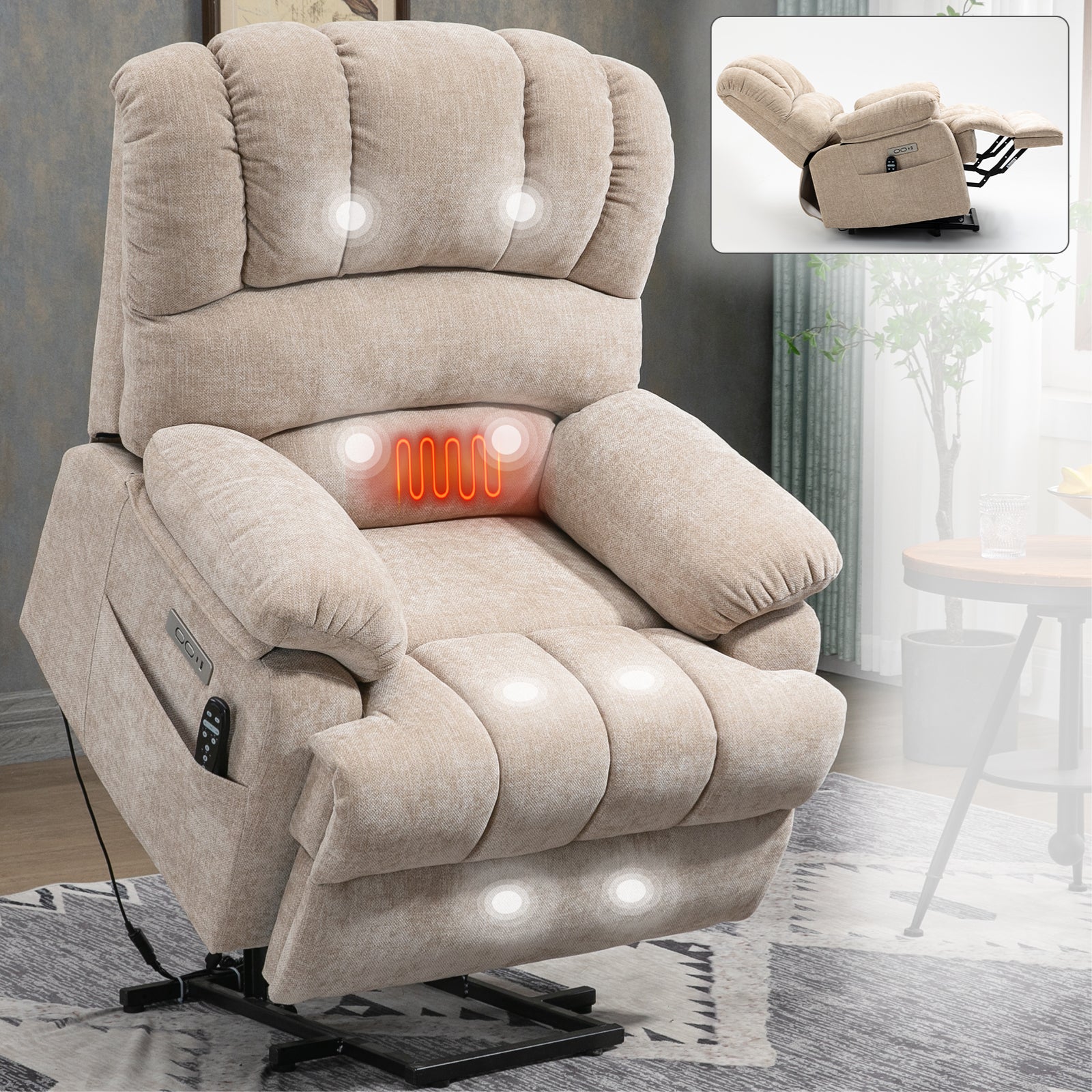 Oversized Chenille  Lift Recliner Chair with  Massage and Lumbar Heating