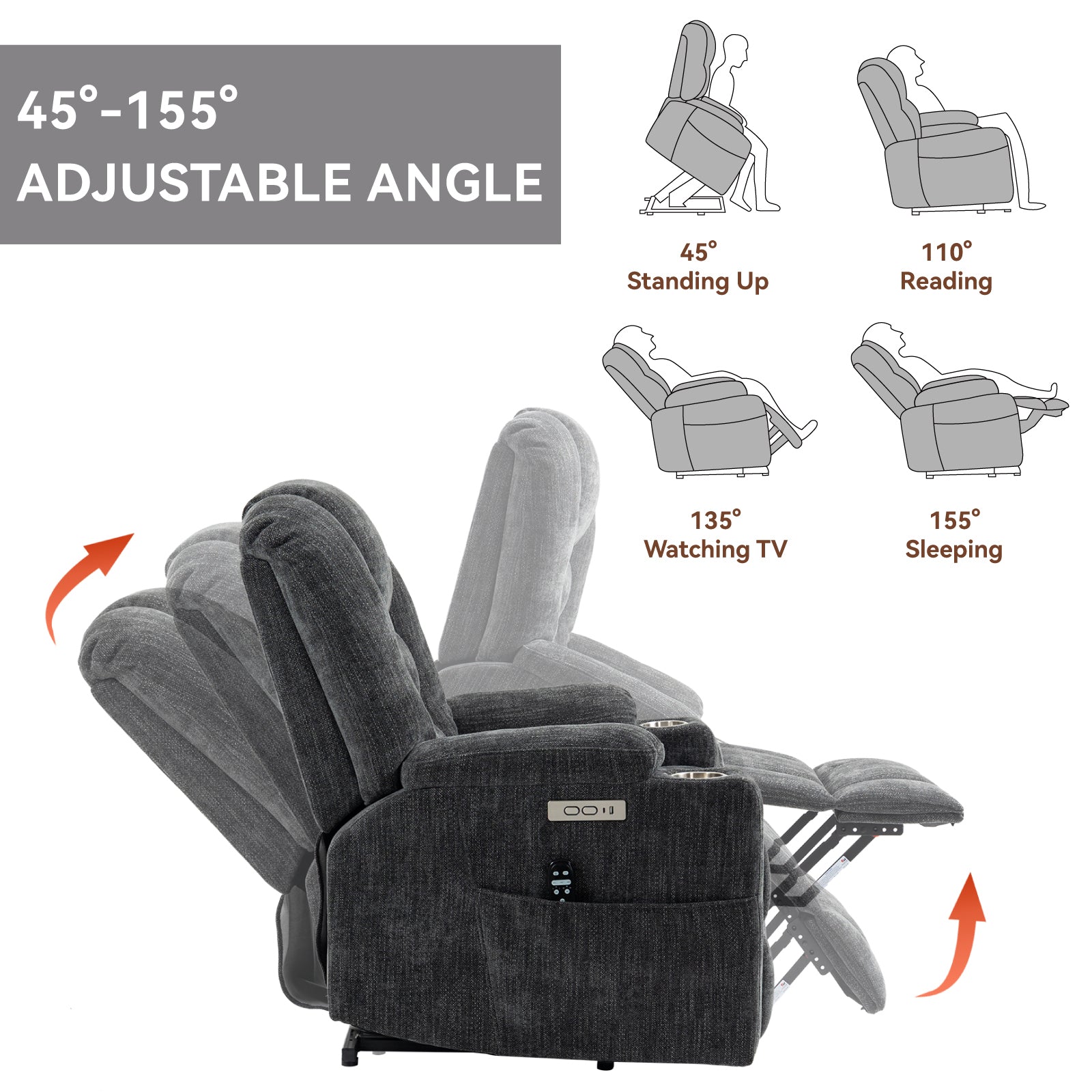 EMON'S Large Power Lift Recliner Chair with Massage and Heat for Elderly, Overstuffed Wide Recliners, Heavy Duty Motion Mechanism with USB and Type C Ports, 2 Steel Cup Holders, Gray - Value Lift Chairs 