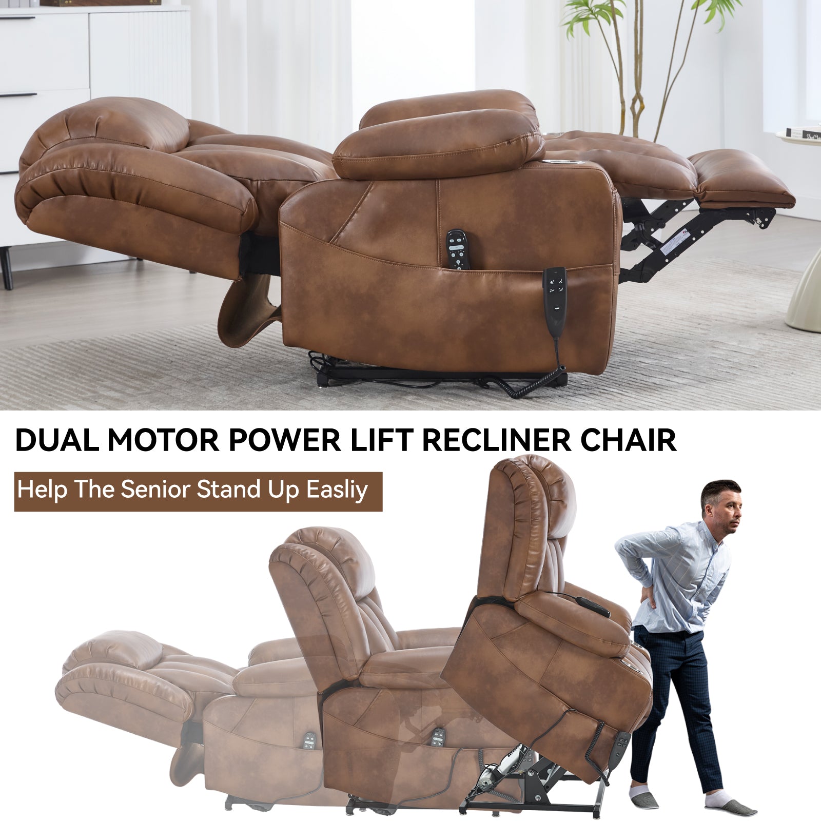 Dual Motor Infinite Position Up to 350 LBS Leatheraire Power Lift Recliner Chair, Heavy Duty Motion Mechanism with 8-Point Vibration Massage and Lumbar Heating, Stainless steel Cup Holders, Brown