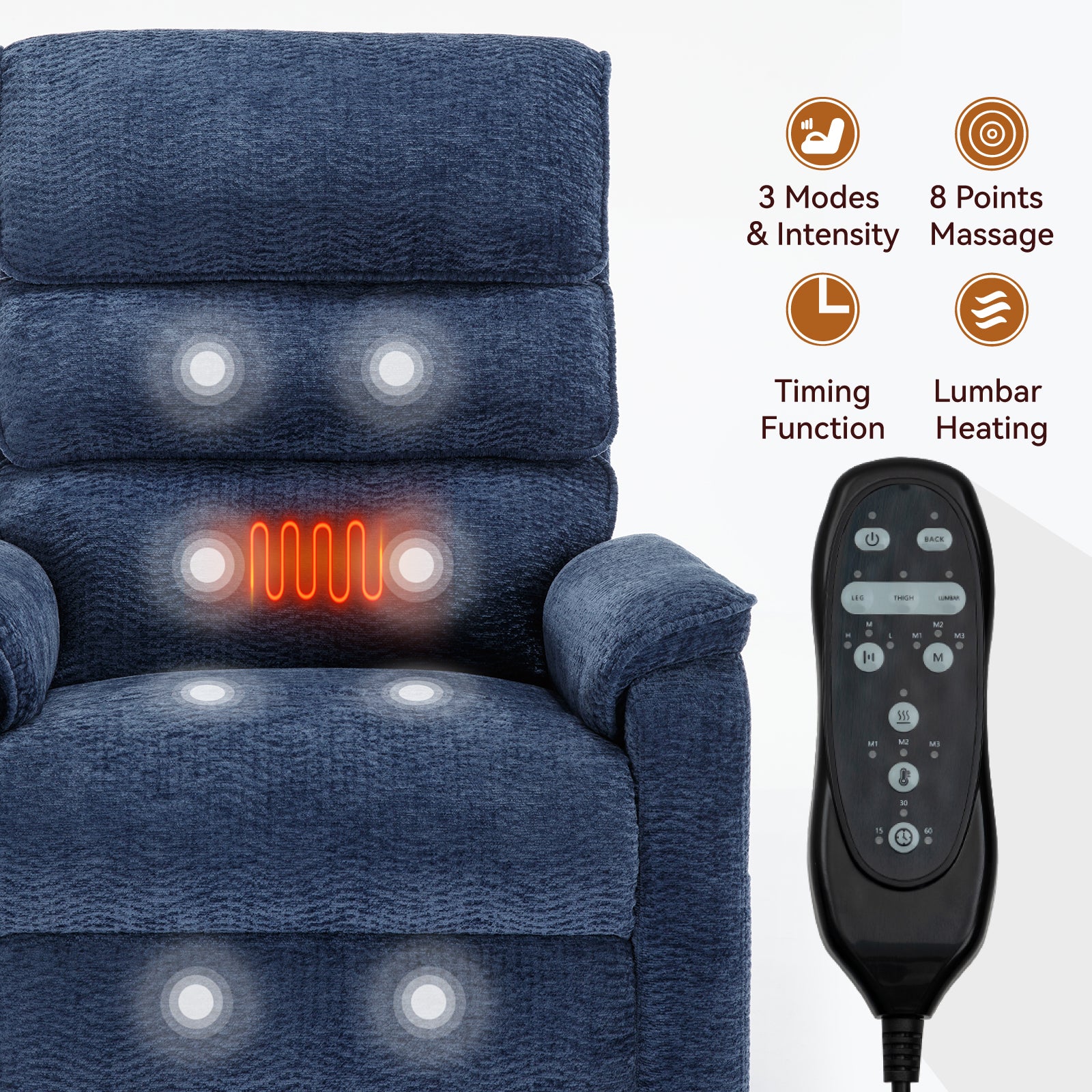 Blue Chenille Dual Motor Infinite Position Up to 350 LBS Power Lift Recliner Chair with Power-Remote, Heat Massage and Heavy Duty Motion Mechanism