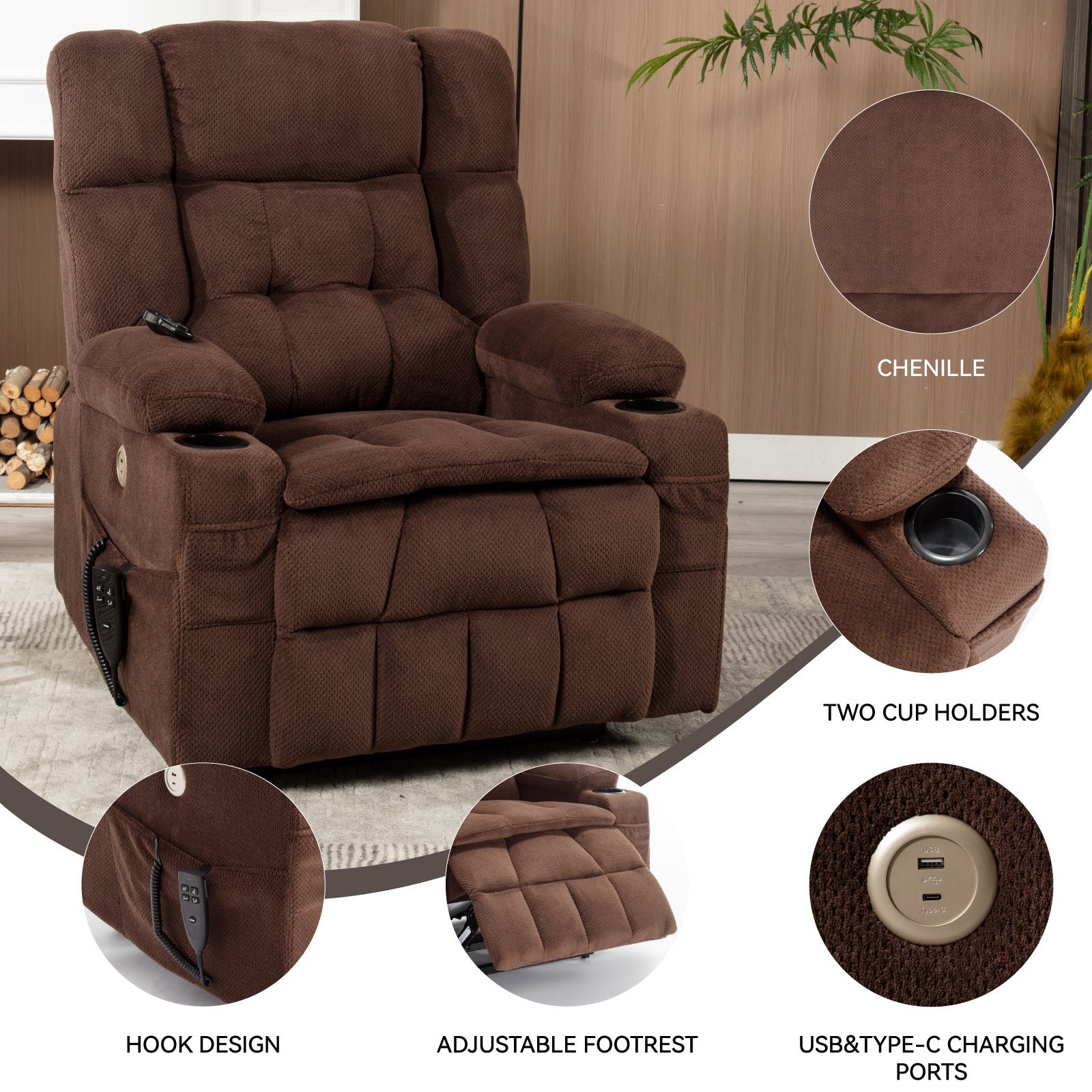 Brown Dual Motor Infinite Position Up to 350 LBS Chenille Power Lift Recliner Chair, Heavy Duty Motion Mechanism with 8-Point Vibration Massage and Lumbar Heating, Dual Cup Holders