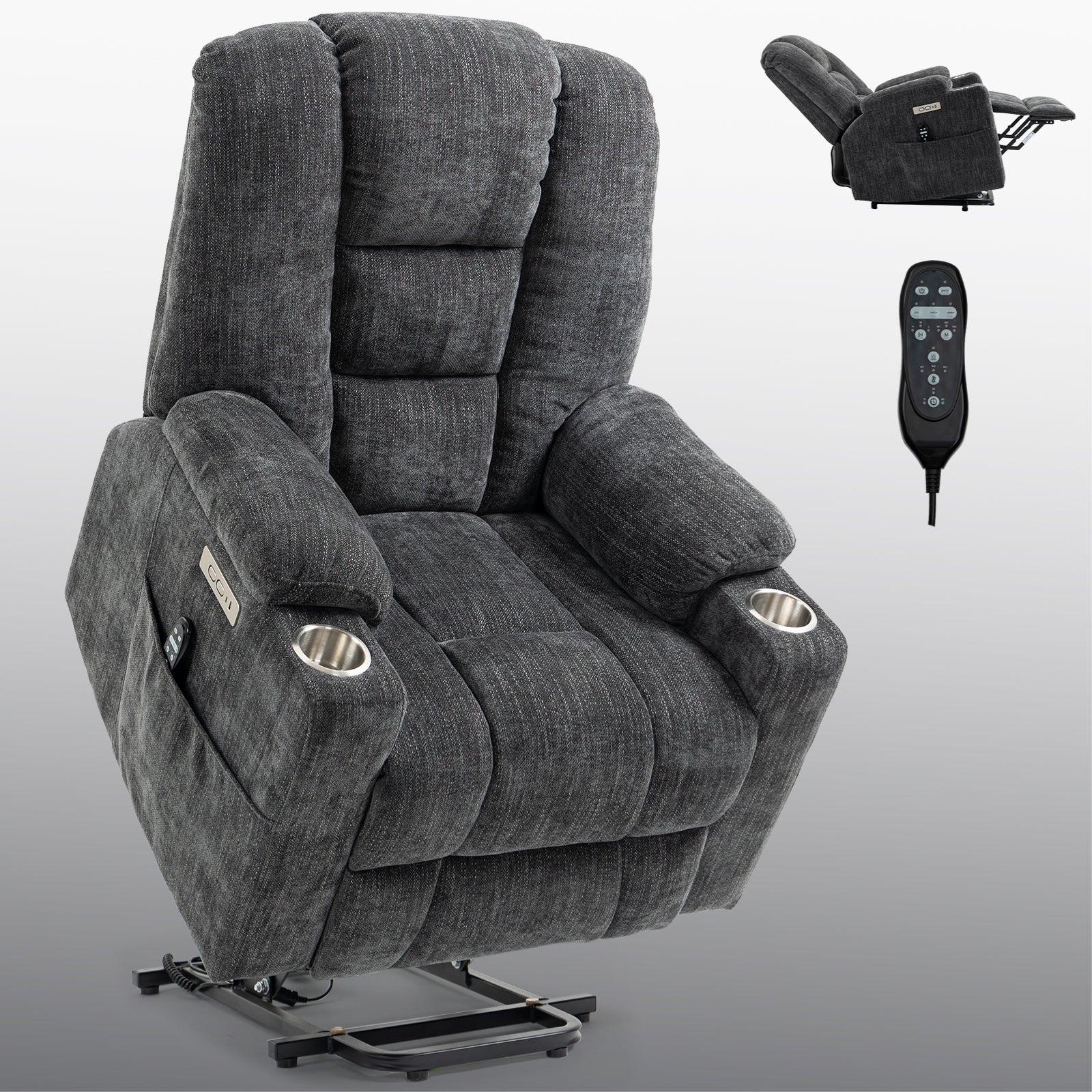 EMON'S Large Power Lift Recliner Chair with Massage and Heat for Elderly, Overstuffed Wide Recliners, Heavy Duty Motion Mechanism with USB and Type C Ports, 2 Steel Cup Holders, Gray - Value Lift Chairs 