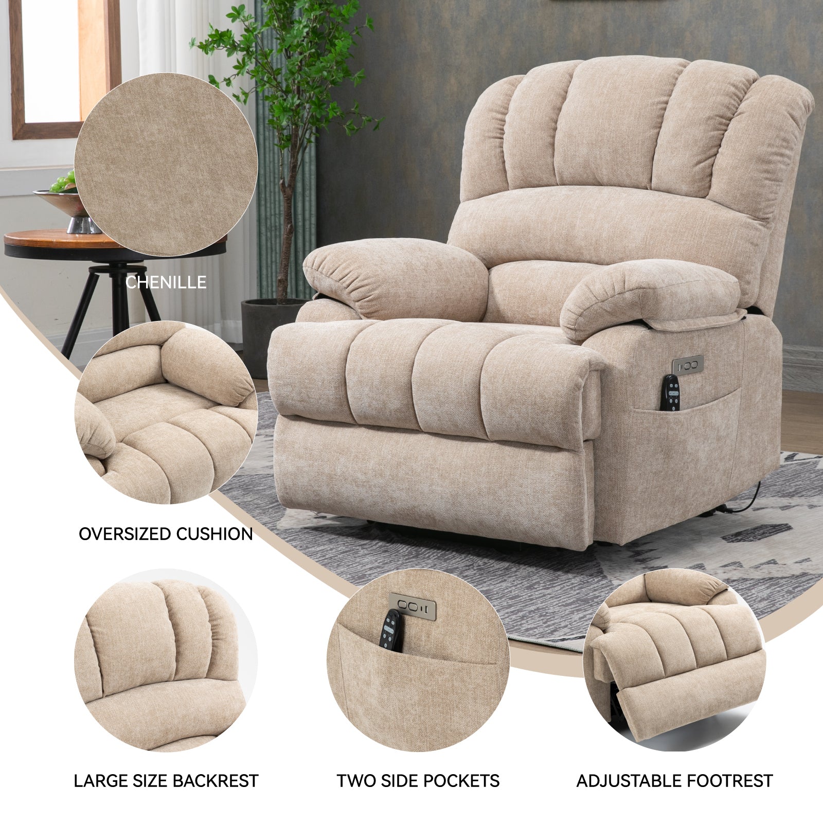 Oversized Chenille  Lift Recliner Chair with  Massage and Lumbar Heating