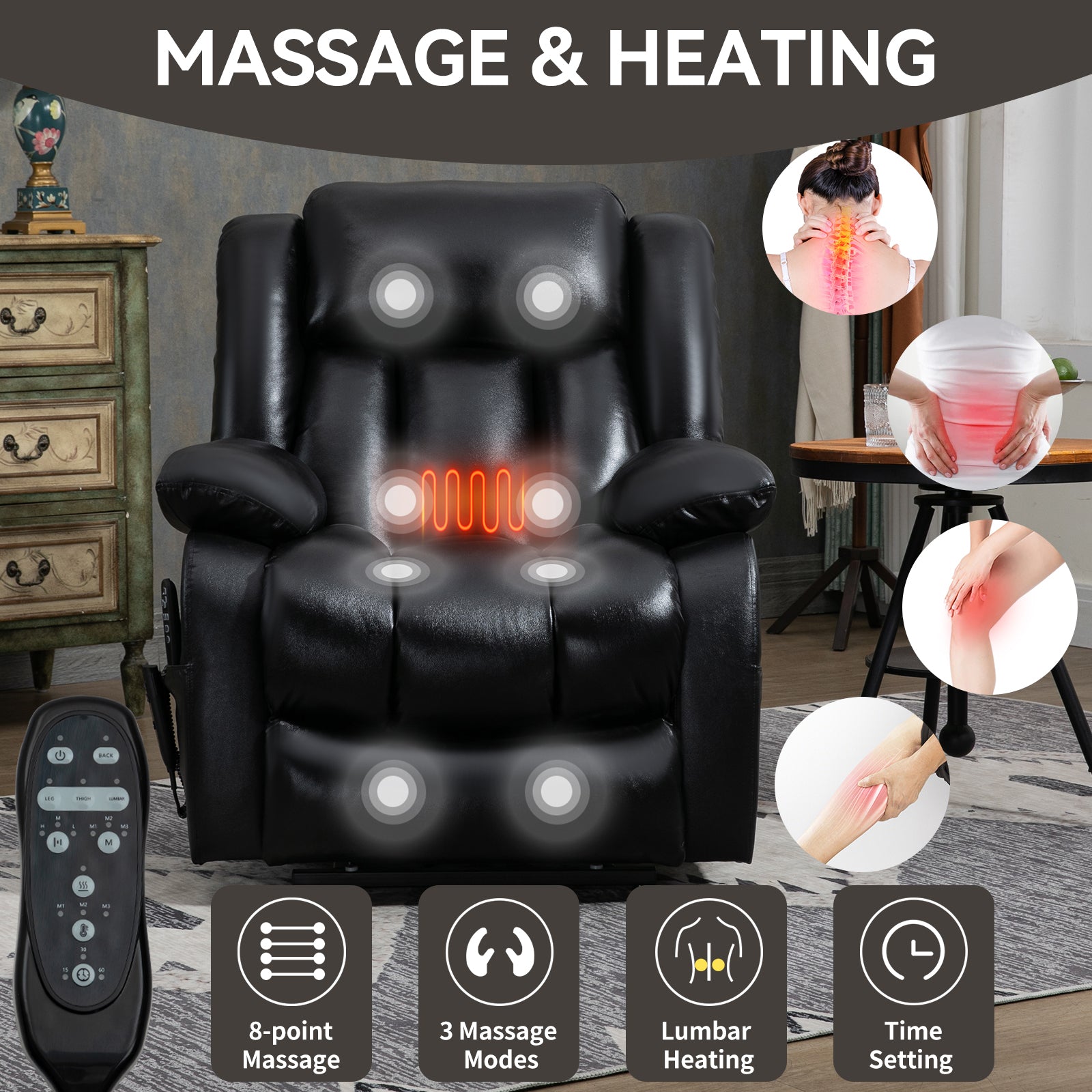 Dual Motor Infinite Position Up to 350 LBS Electric Medium size Genuine Leather Black Power Lift Recliner Chair with 8-Point Vibration Massage and Lumbar Heating - Value Lift Chairs 