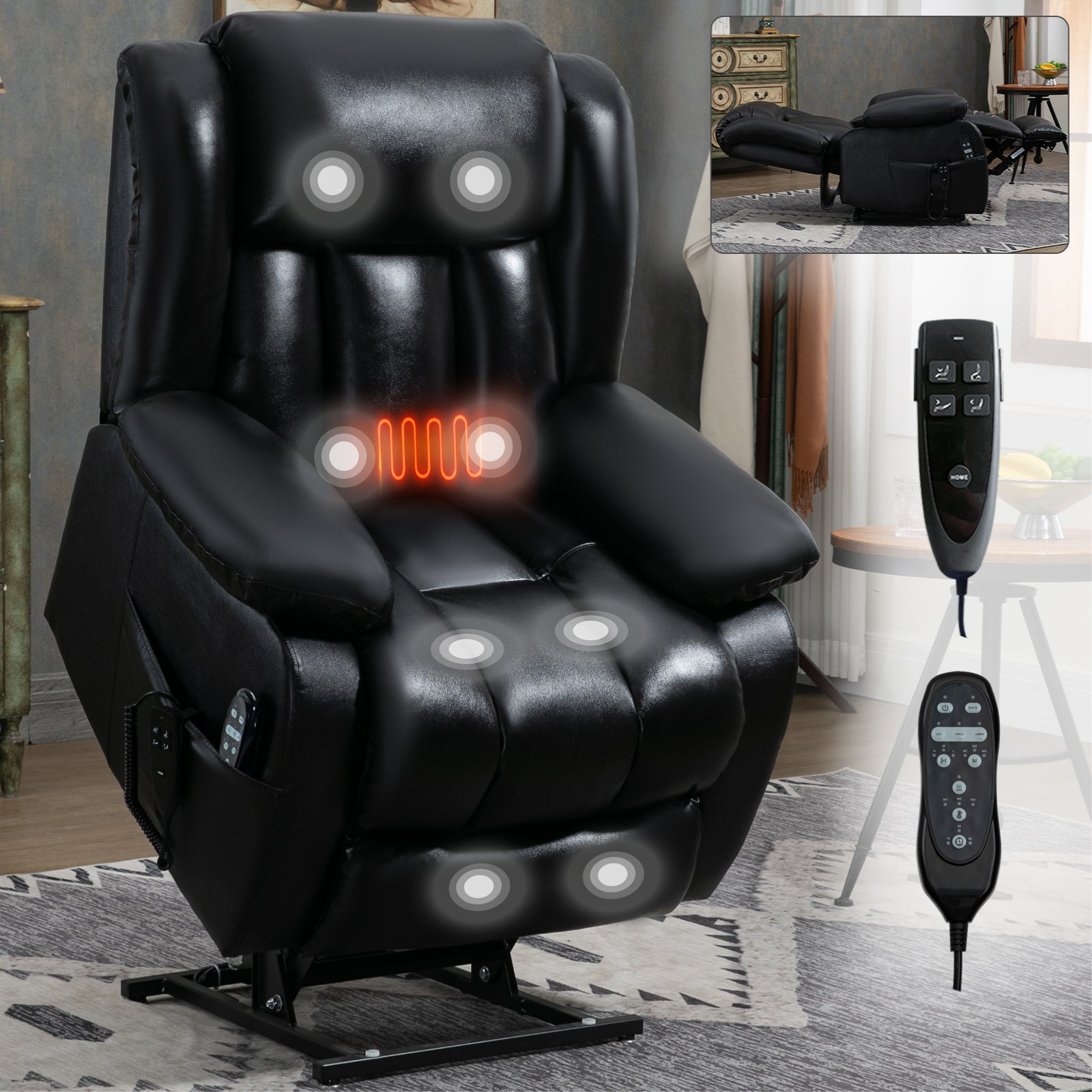 Dual Motor Infinite Position Up to 350 LBS Electric Medium size Genuine Leather Black Power Lift Recliner Chair with 8-Point Vibration Massage and Lumbar Heating - Value Lift Chairs 