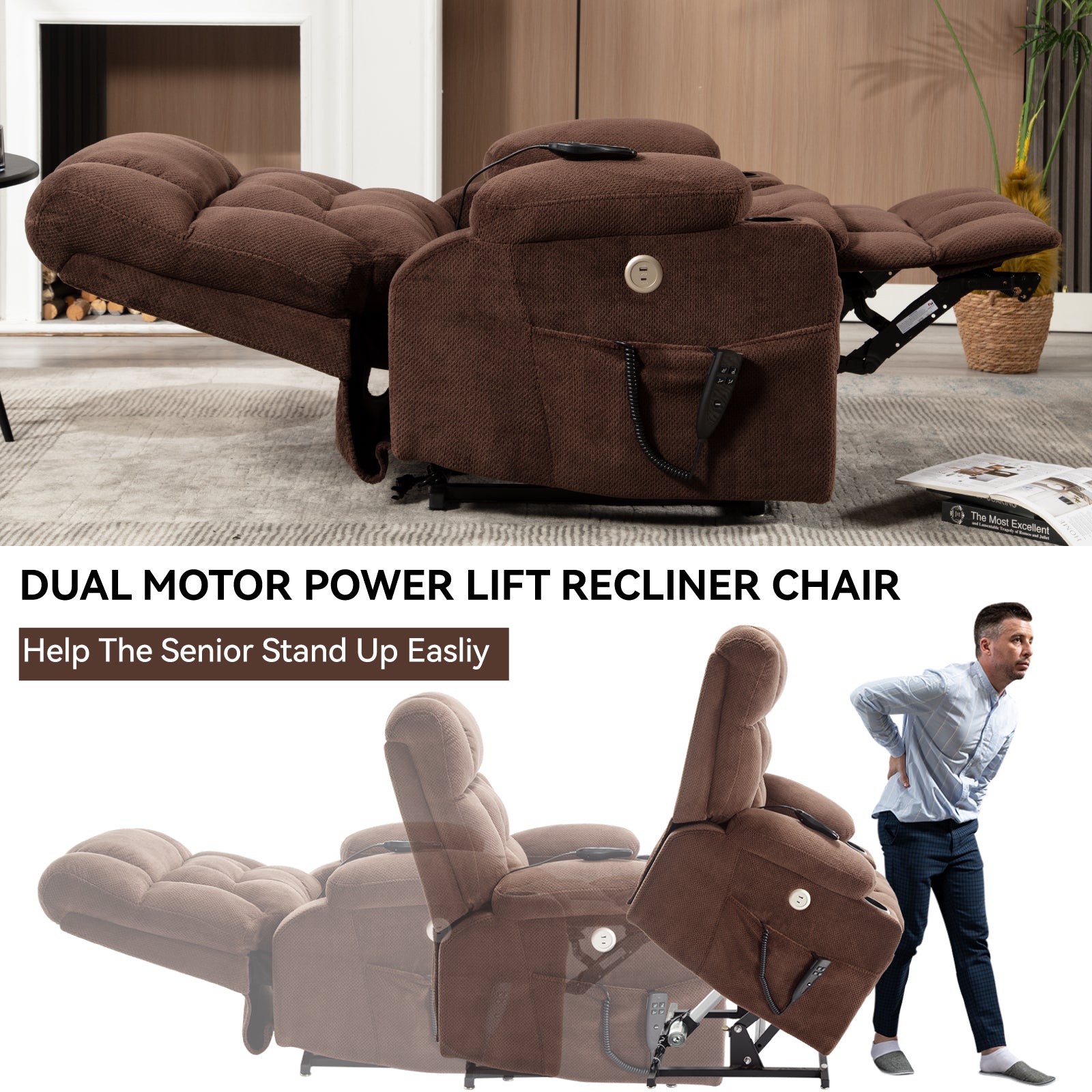 Brown Dual Motor Infinite Position Up to 350 LBS Chenille Power Lift Recliner Chair, Heavy Duty Motion Mechanism with 8-Point Vibration Massage and Lumbar Heating, Dual Cup Holders