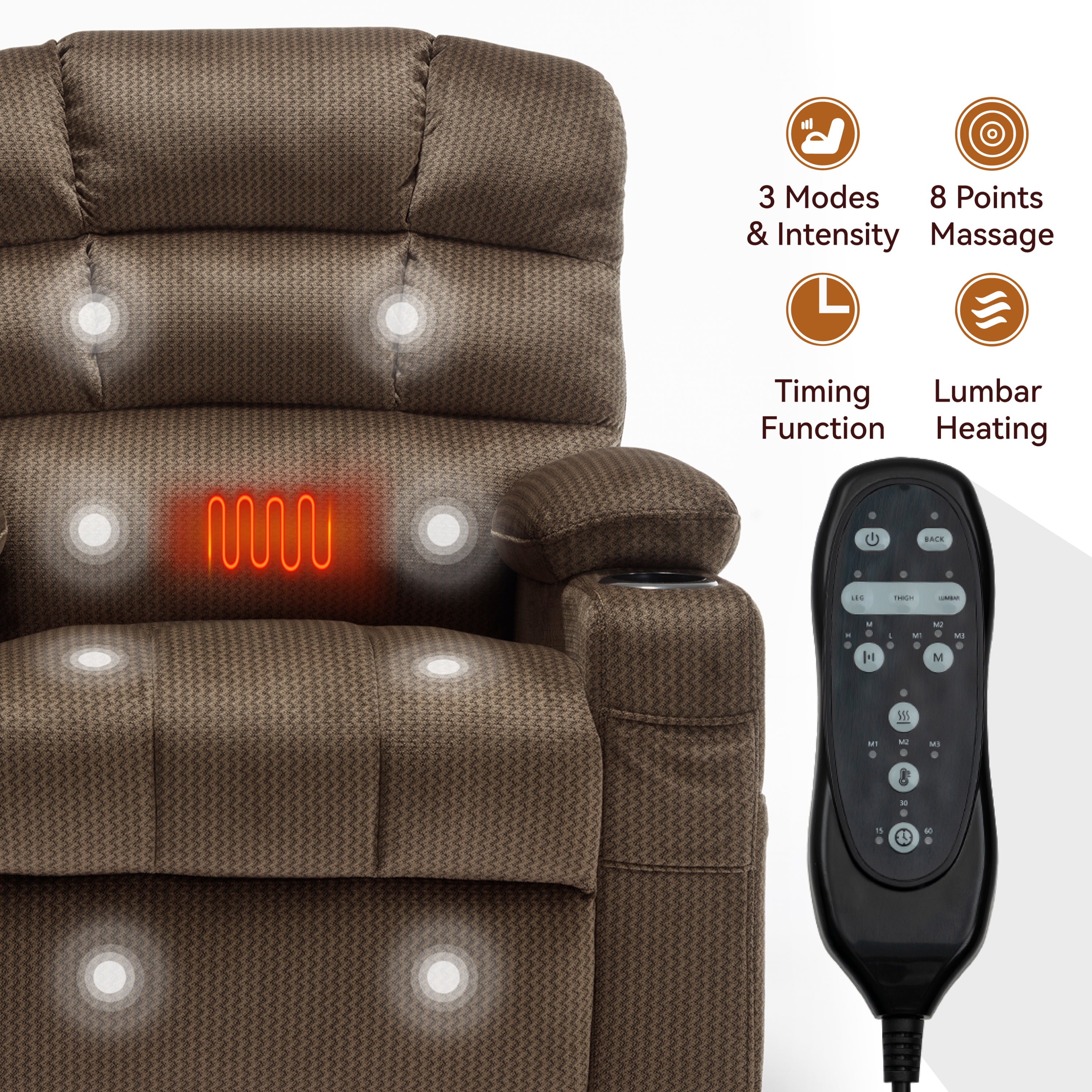 Brown Dual Motor Infinite Position Up to 350 LBS Chenille Power Lift Recliner Chair, Heavy Duty Motion Mechanism with 8-Point Vibration Massage and Lumbar Heating, Dual Cup Holders