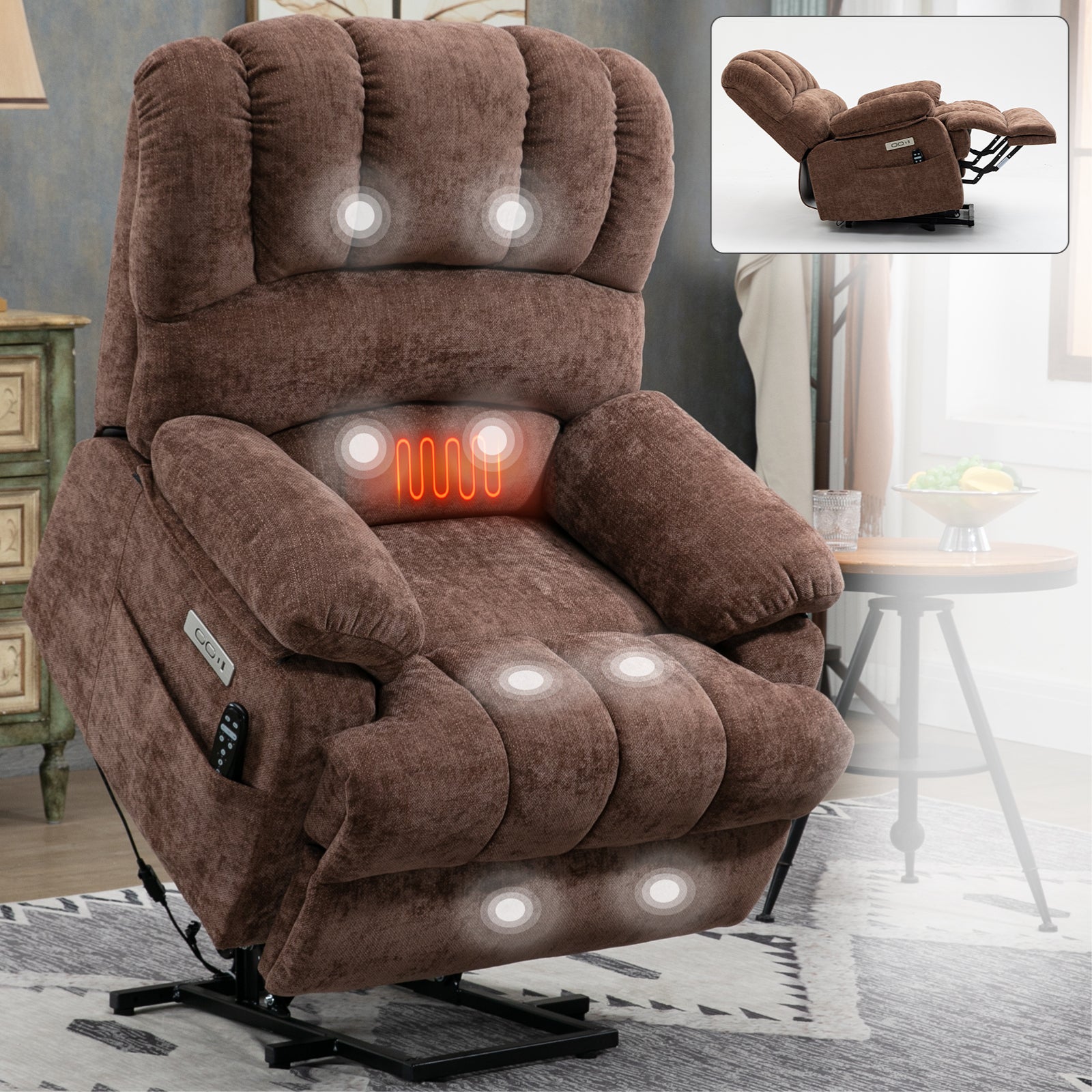 23" Seat Width and High Back Large Size Chenille Power Lift Recliner Chair with 8-Point Vibration Massage and Lumbar Heating, Brown - Value Lift Chairs 