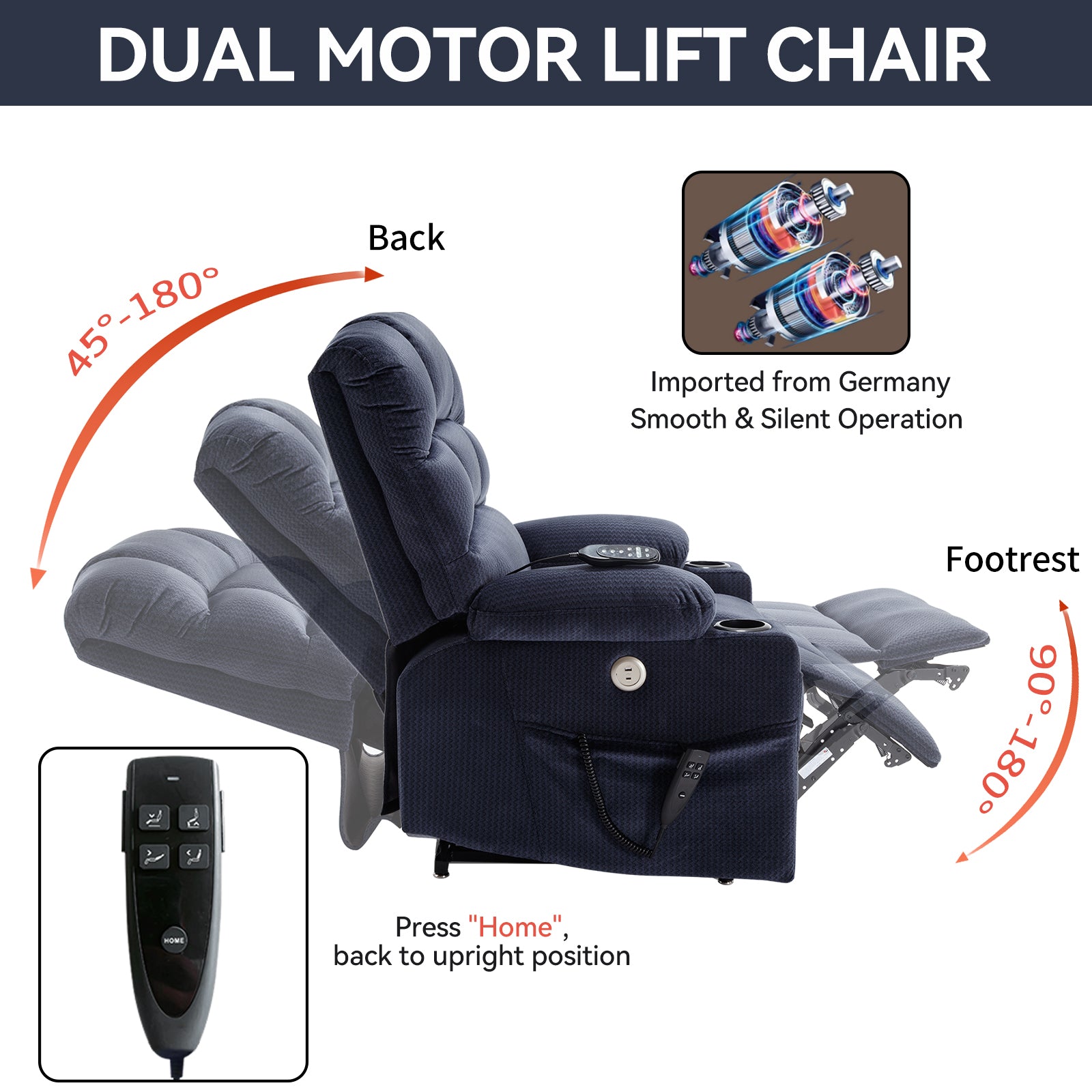 Blue Dual Motor Infinite Position Up to 350 LBS Chenille Power Lift Recliner Chair, Heavy Duty Motion Mechanism with 8-Point Vibration Massage and Lumbar Heating, Dual Cup Holders