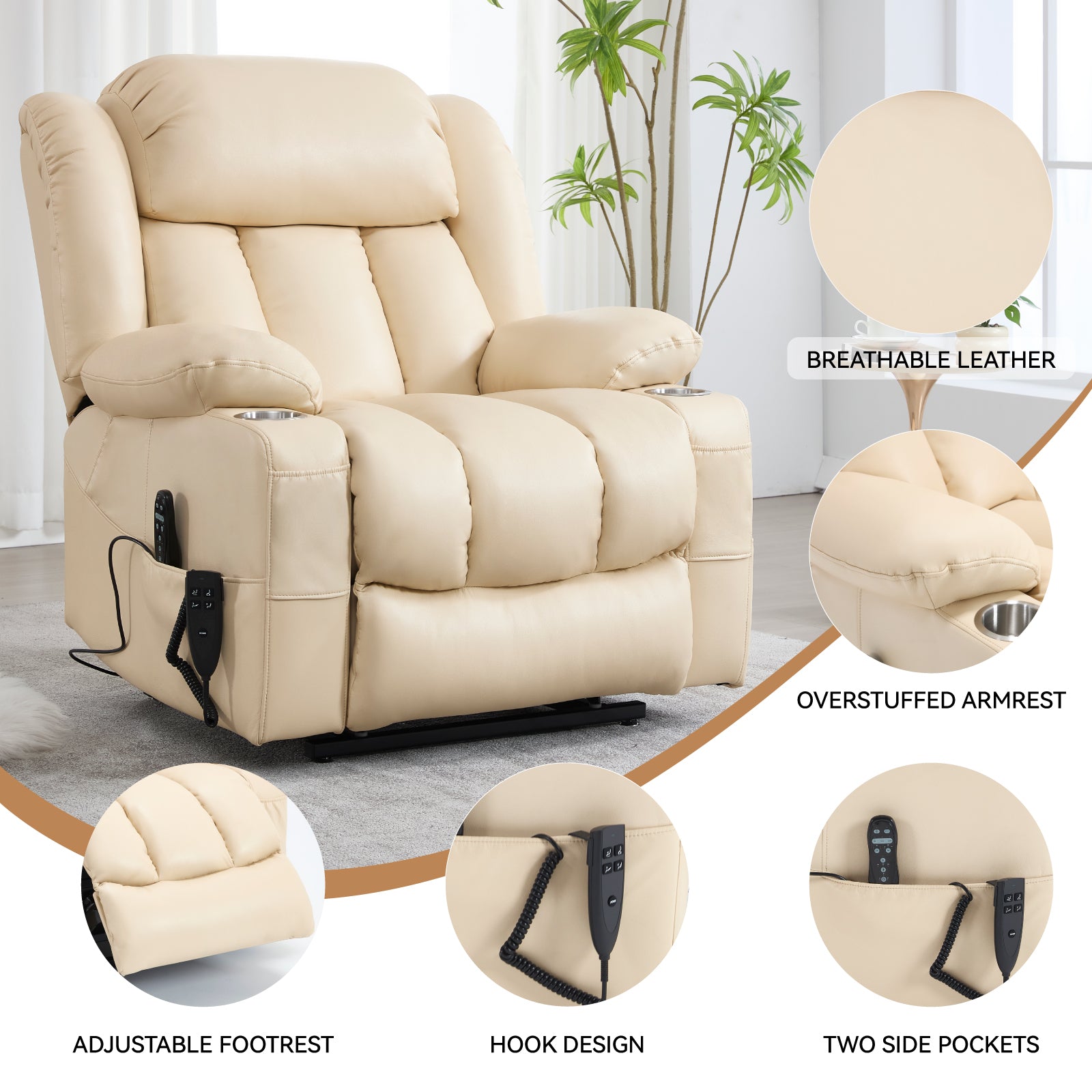 Dual Motor Infinite Position Up to 350 LBS Leatheraire Power Lift Recliner Chair, Heavy Duty Motion Mechanism with 8-Point Vibration Massage and Lumbar Heating, Stainless steel Cup Holders, Beige