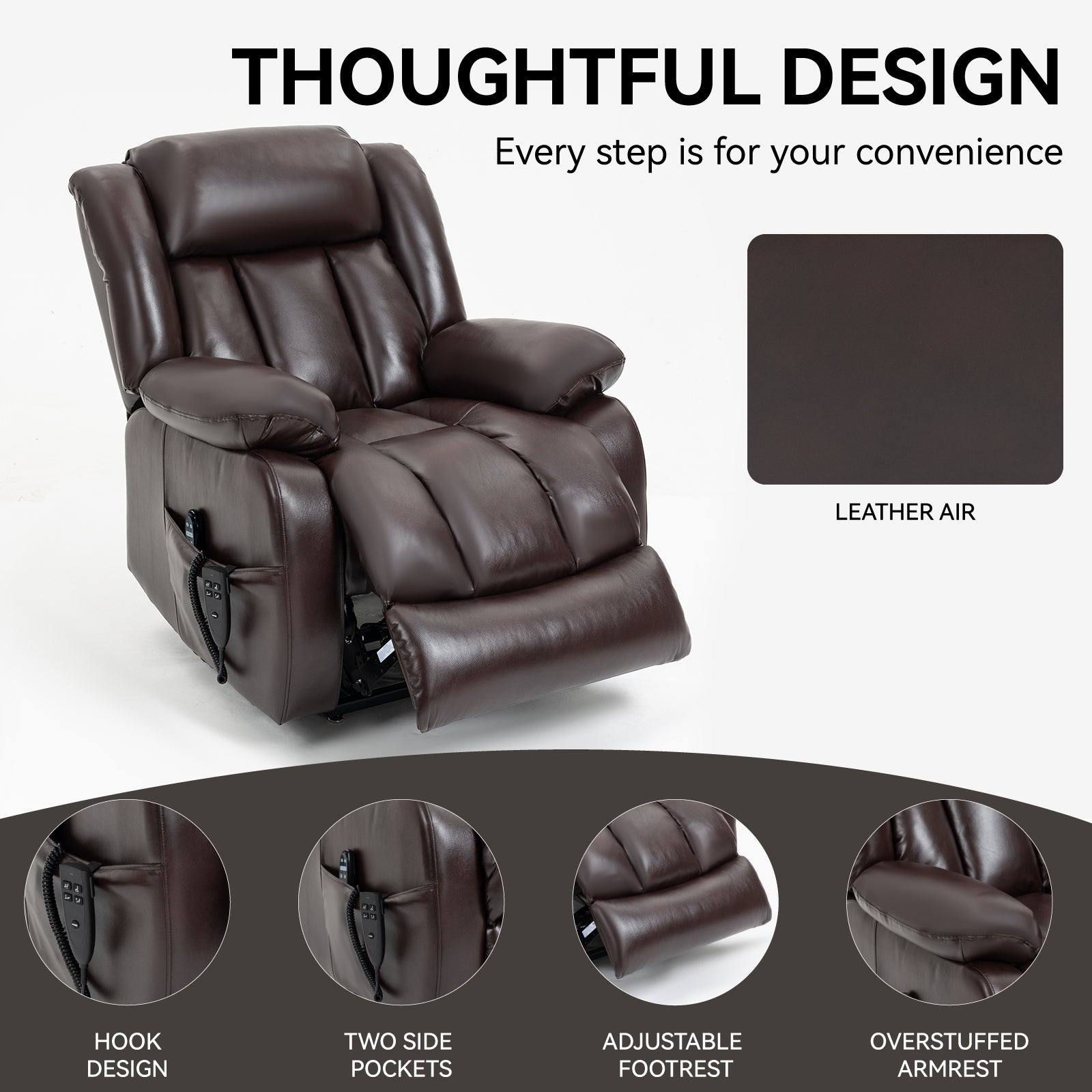 Dual Motor Infinite Position Up to 350 LBS Electric Medium size Brown Power Lift Recliner Chair with 8-Point Vibration Massage and Lumbar Heating