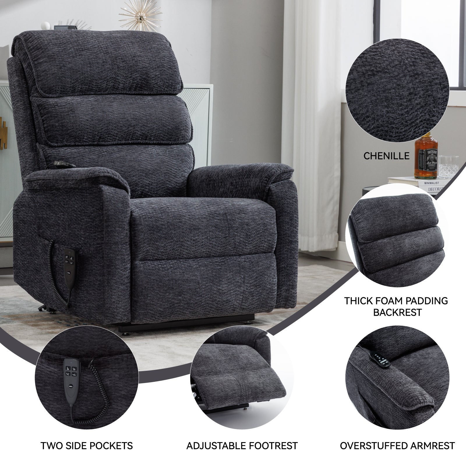 Grey Chenille Dual Motor Infinite Position Power Lift  Chair Heat + Massage