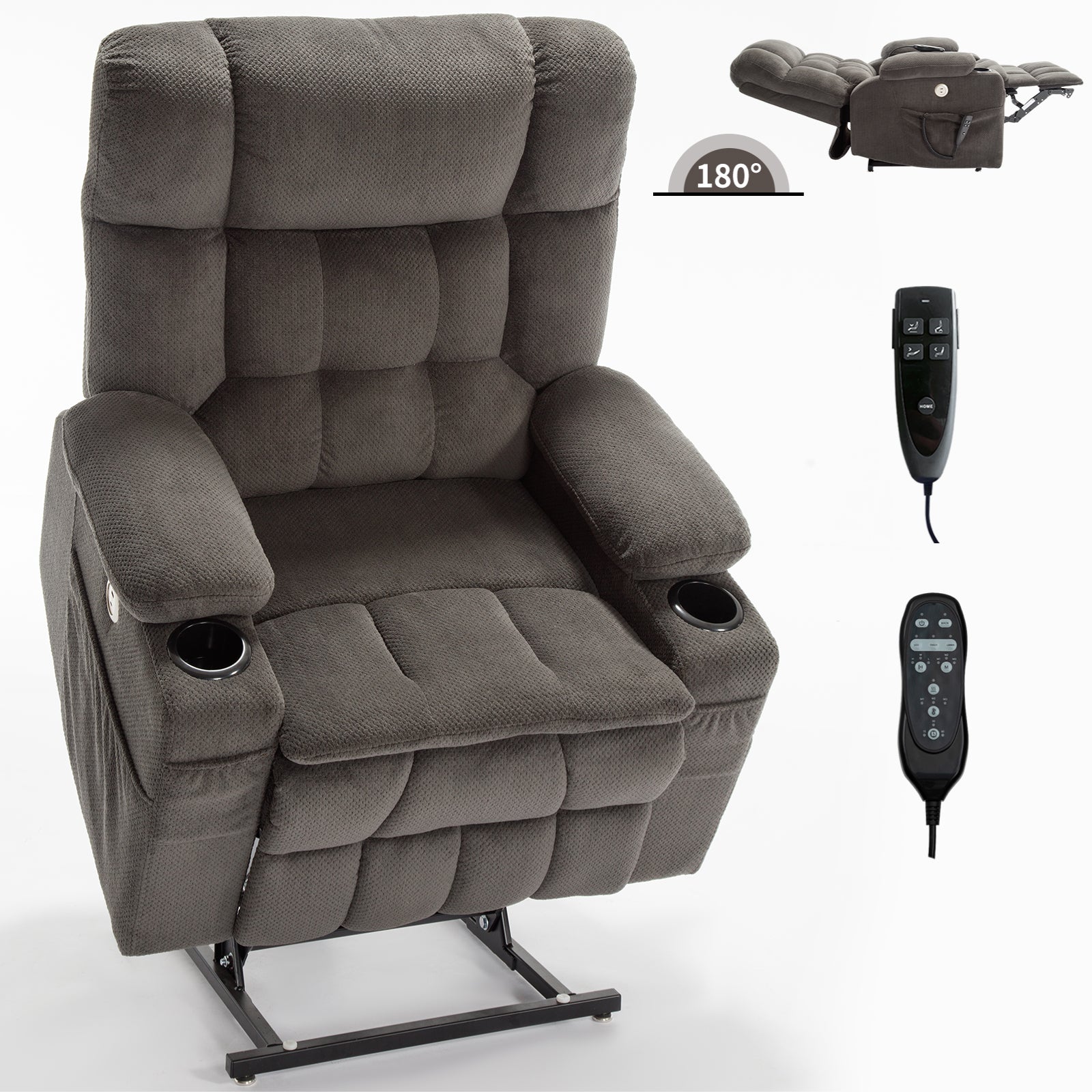 Brown Infinite Position Layflat Power Lift Chair. Chenille Fabric