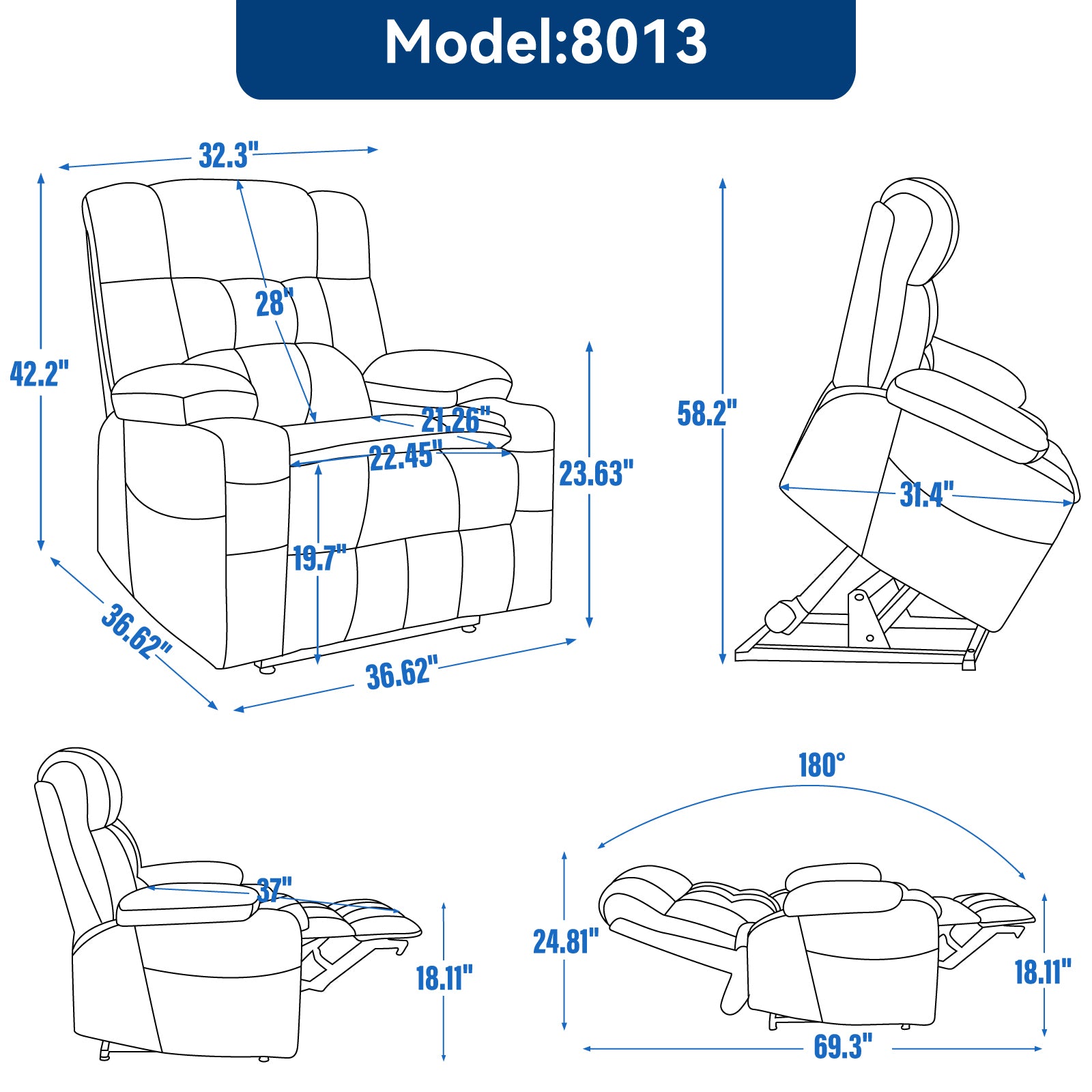 Blue Dual Motor Infinite Position Up to 350 LBS Chenille Power Lift Recliner Chair, Heavy Duty Motion Mechanism with 8-Point Vibration Massage and Lumbar Heating, Dual Cup Holders