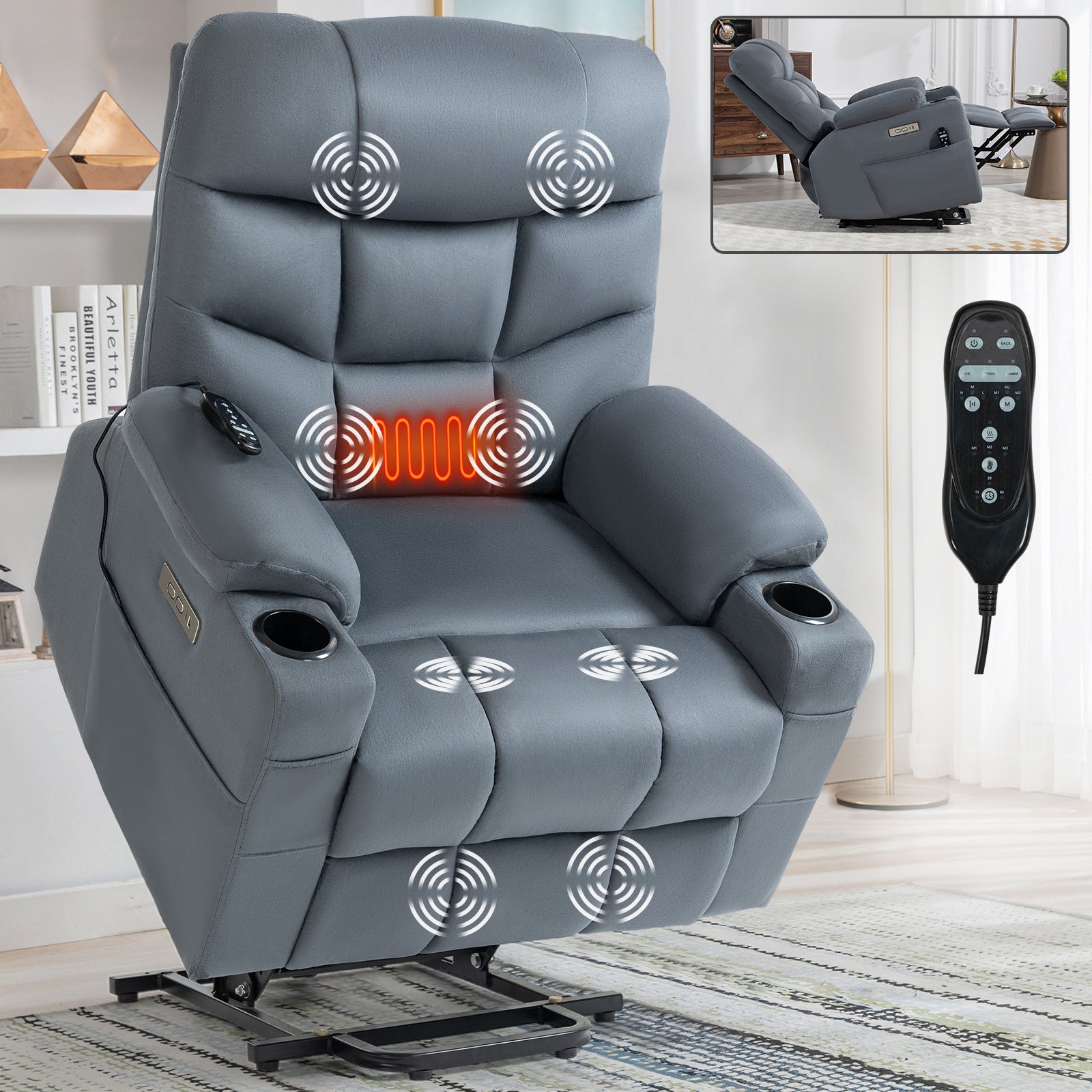 Up to 350 LBS Power Lift Recliner Chair, Heavy Duty Motion Mechanism with 8-Point Vibration Massage and Lumbar Heating, Cup Holders, USB and Type-C Ports, Removable Cushions, Blue - Value Lift Chairs 