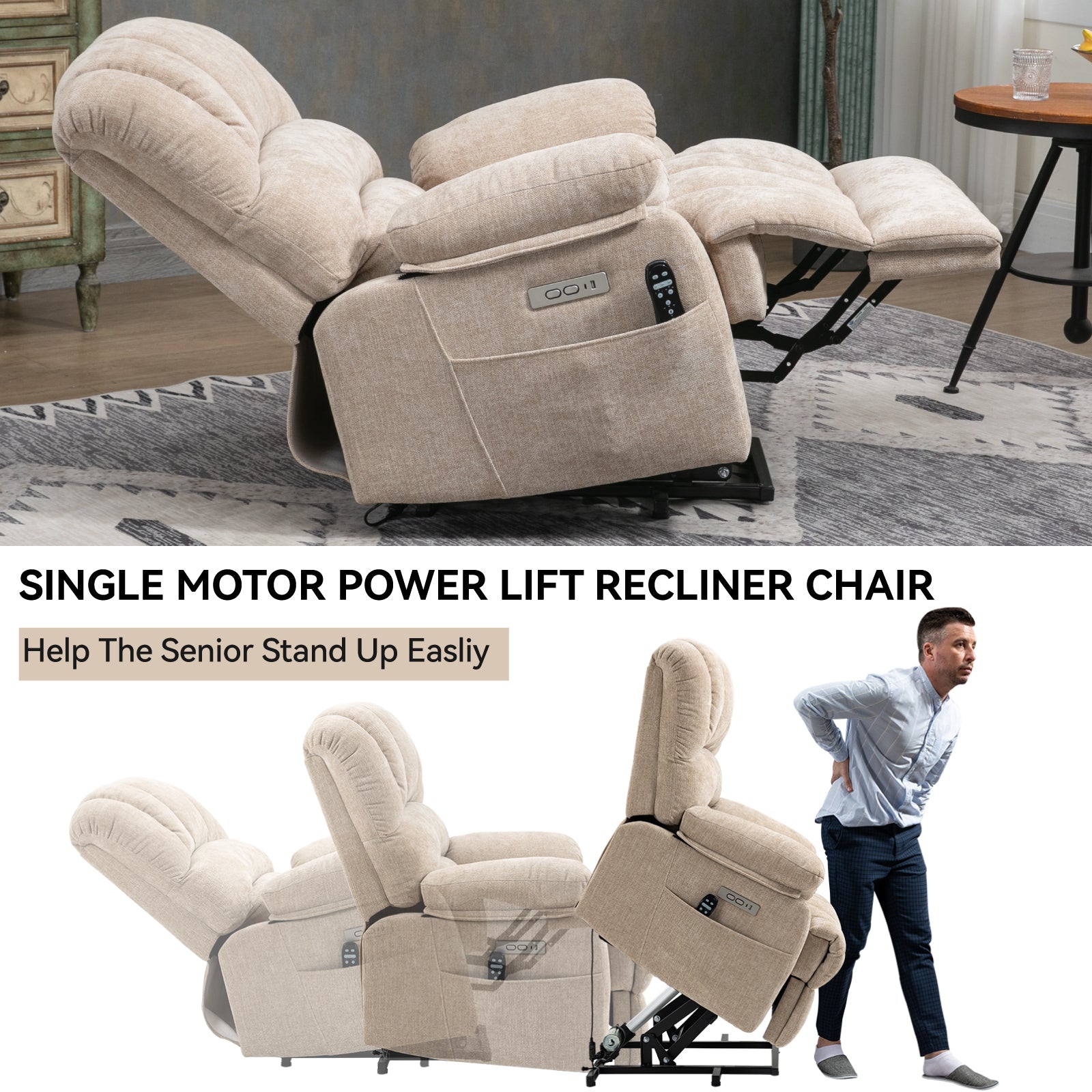 Oversized Chenille  Lift Recliner Chair with  Massage and Lumbar Heating