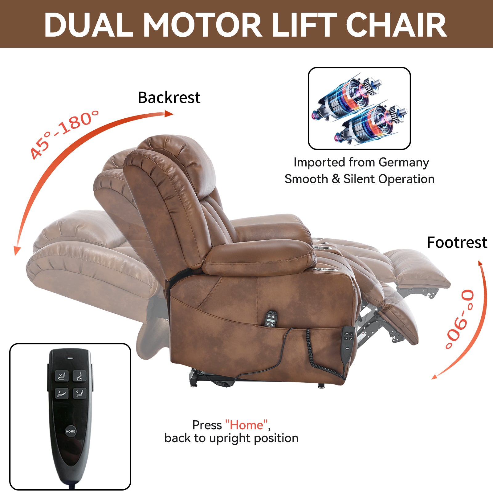 Dual Motor Infinite Position Up to 350 LBS Leatheraire Power Lift Recliner Chair, Heavy Duty Motion Mechanism with 8-Point Vibration Massage and Lumbar Heating, Stainless steel Cup Holders, Brown