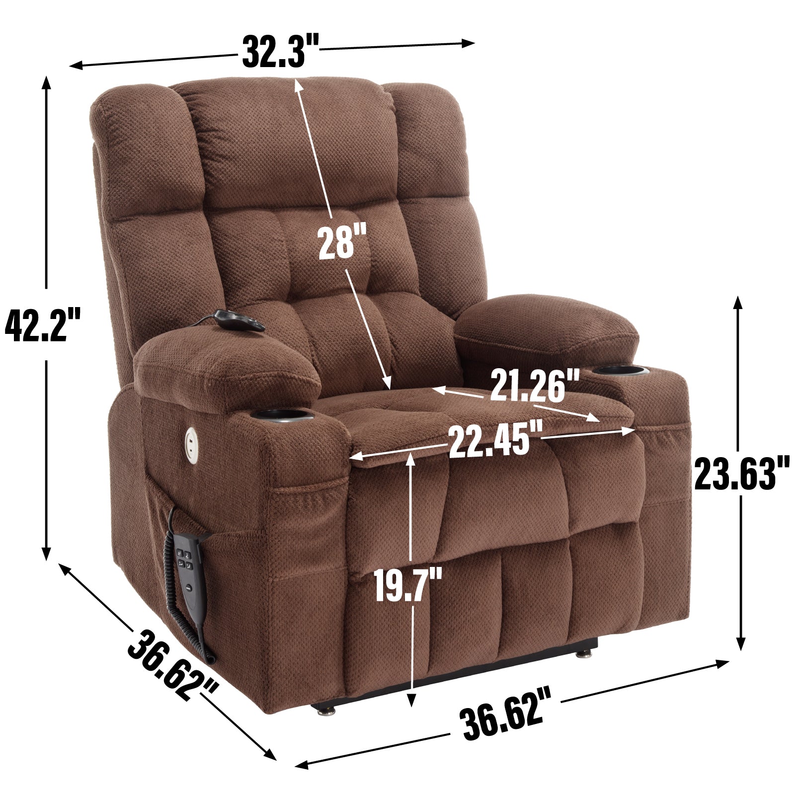 Brown Dual Motor Infinite Position Up to 350 LBS Chenille Power Lift Recliner Chair, Heavy Duty Motion Mechanism with 8-Point Vibration Massage and Lumbar Heating, Dual Cup Holders