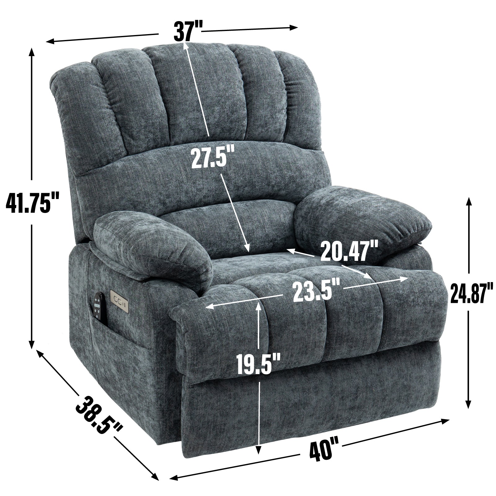 23" Seat Width and High Back Large Size Blue Chenille Power Lift Recliner Chair with 8-Point Vibration Massage and Lumbar Heating - Value Lift Chairs 