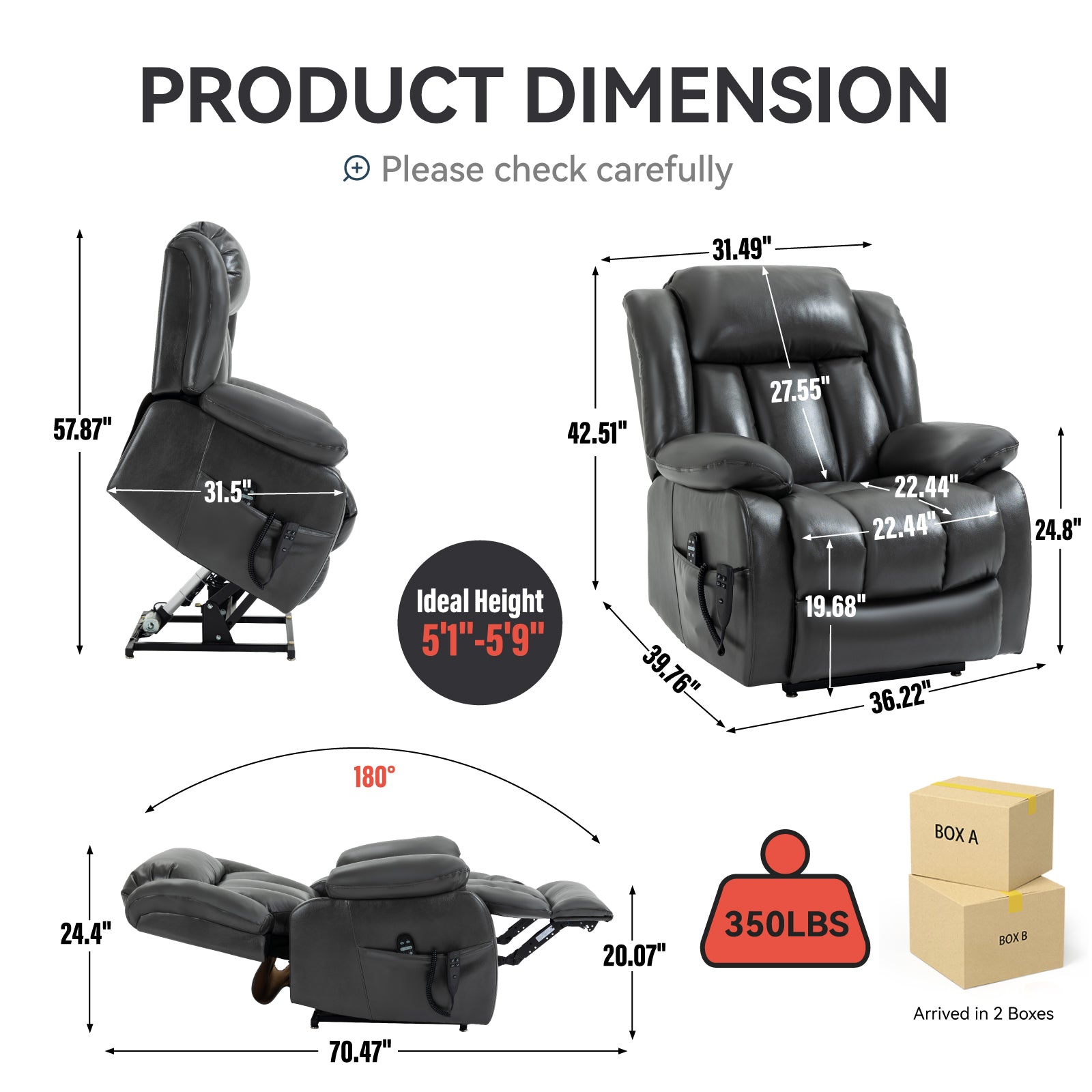 Dual Motor Infinite Position Up to 350 LBS Electric Medium size Grey Power Lift Recliner Chair with 8-Point Vibration Massage and Lumbar Heating