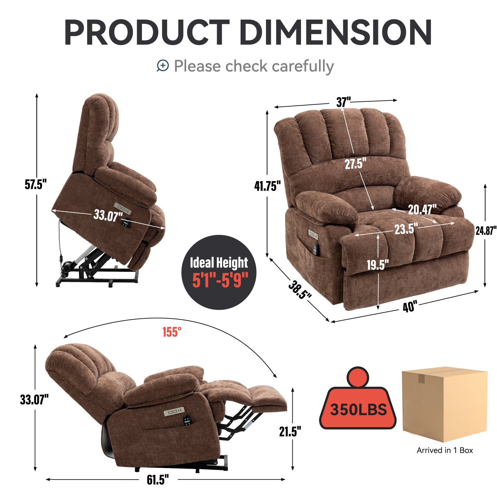 23" Seat Width and High Back Large Size Chenille Power Lift Recliner Chair with 8-Point Vibration Massage and Lumbar Heating, Brown - Value Lift Chairs 