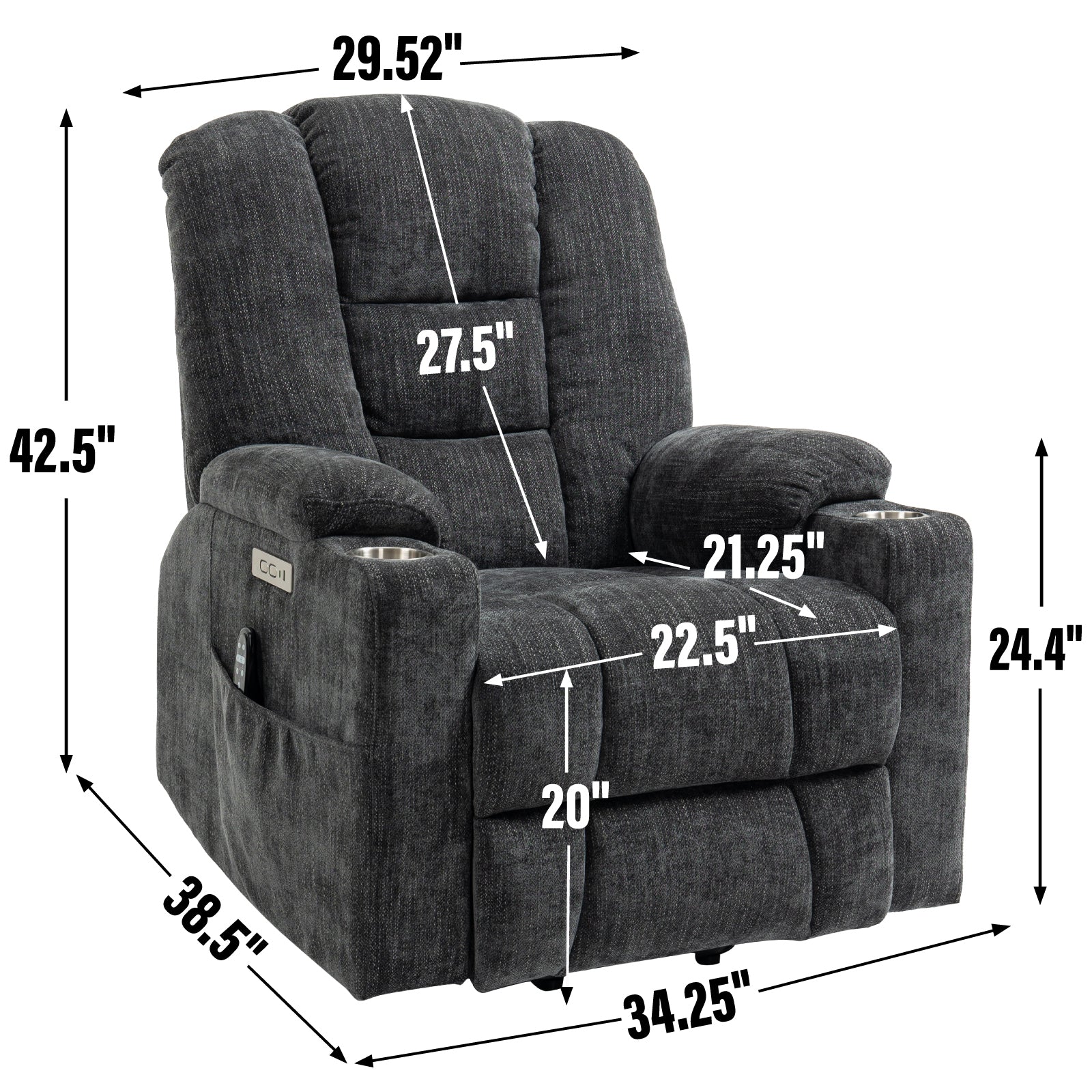 EMON'S Large Power Lift Recliner Chair with Massage and Heat for Elderly, Overstuffed Wide Recliners, Heavy Duty Motion Mechanism with USB and Type C Ports, 2 Steel Cup Holders, Gray - Value Lift Chairs 