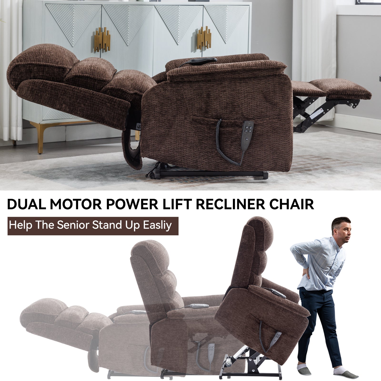 Brown Chenille Infinite Position Lift  Chair with Heat + Massage