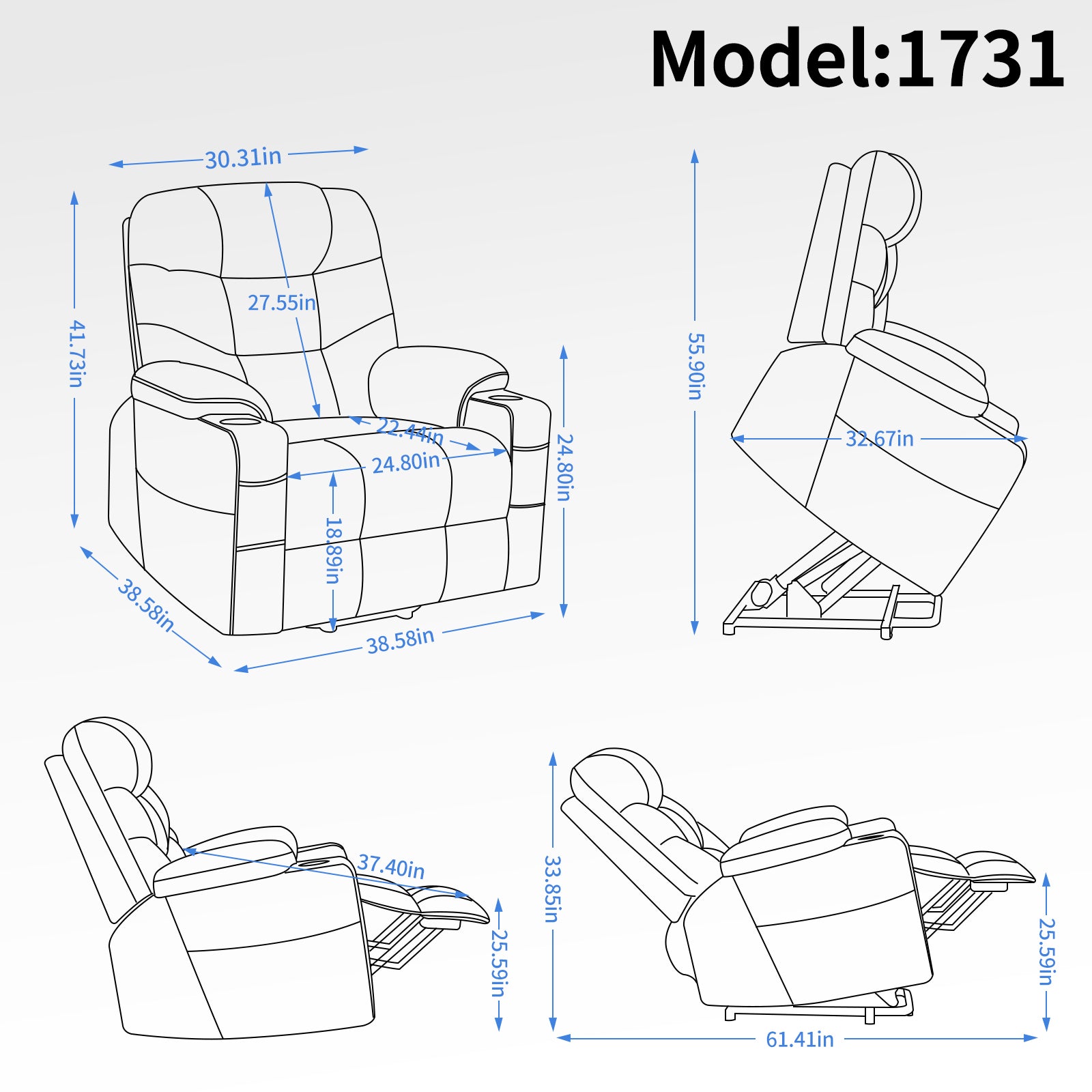 Up to 350 LBS Power Lift Recliner Chair, Heavy Duty Motion Mechanism with 8-Point Vibration Massage and Lumbar Heating, Cup Holders, USB and Type-C Ports, Removable Cushions, Blue - Value Lift Chairs 