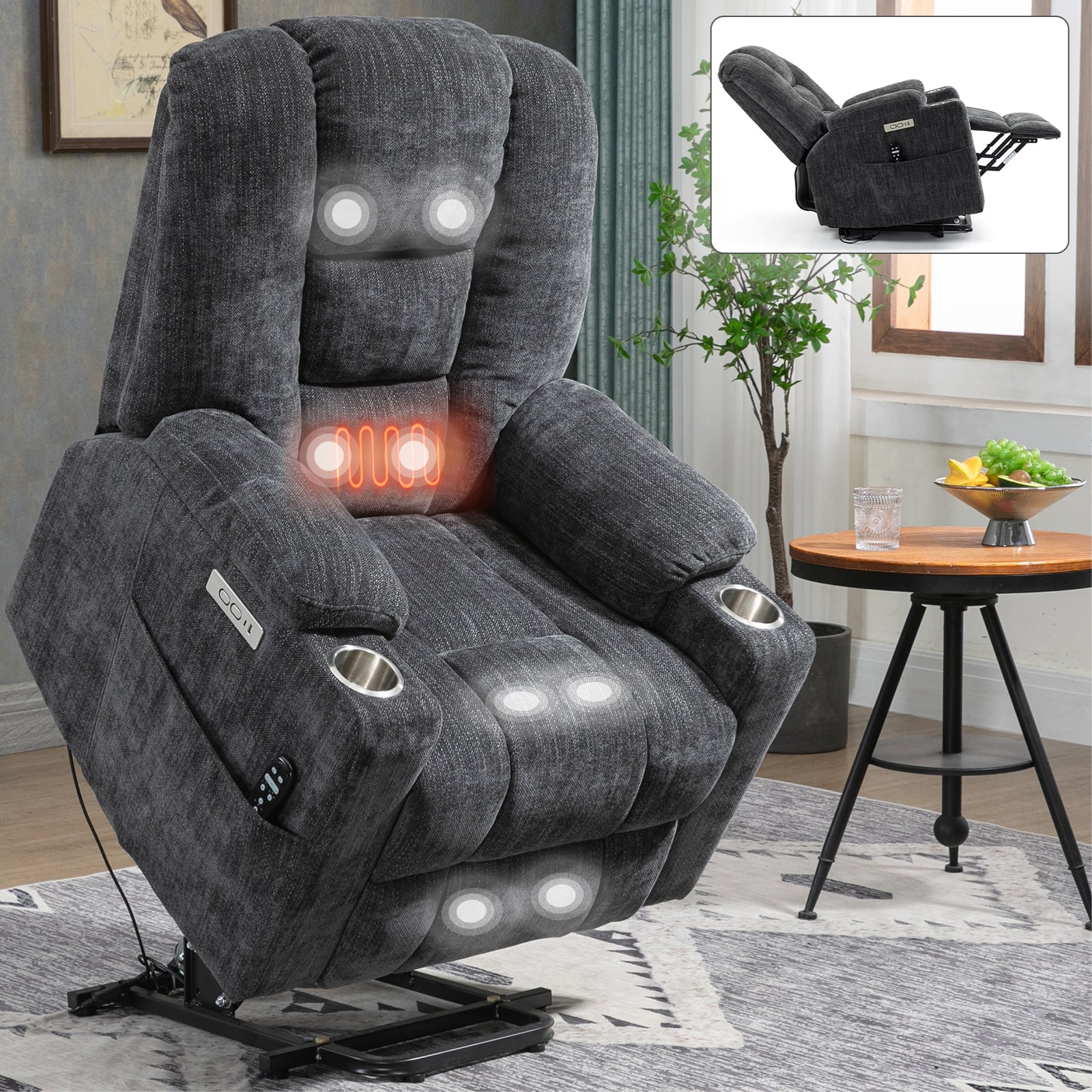 EMON'S Large Power Lift Recliner Chair with Massage and Heat for Elderly, Overstuffed Wide Recliners, Heavy Duty Motion Mechanism with USB and Type C Ports, 2 Steel Cup Holders, Gray - Value Lift Chairs 