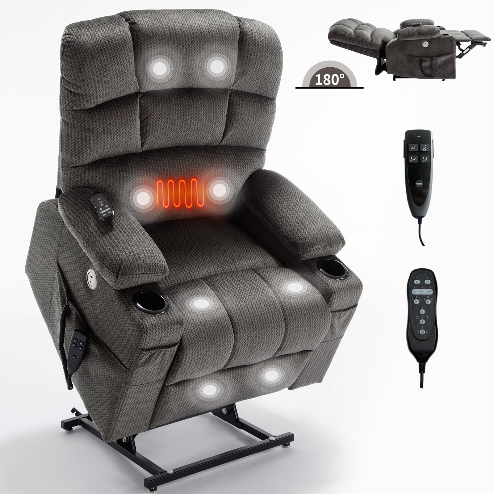 Grey Dual Motor Infinite Position Up to 350 LBS Chenille Power Lift Recliner Chair, Heavy Duty Motion Mechanism with 8-Point Vibration Massage and Lumbar Heating, Dual Cup Holders