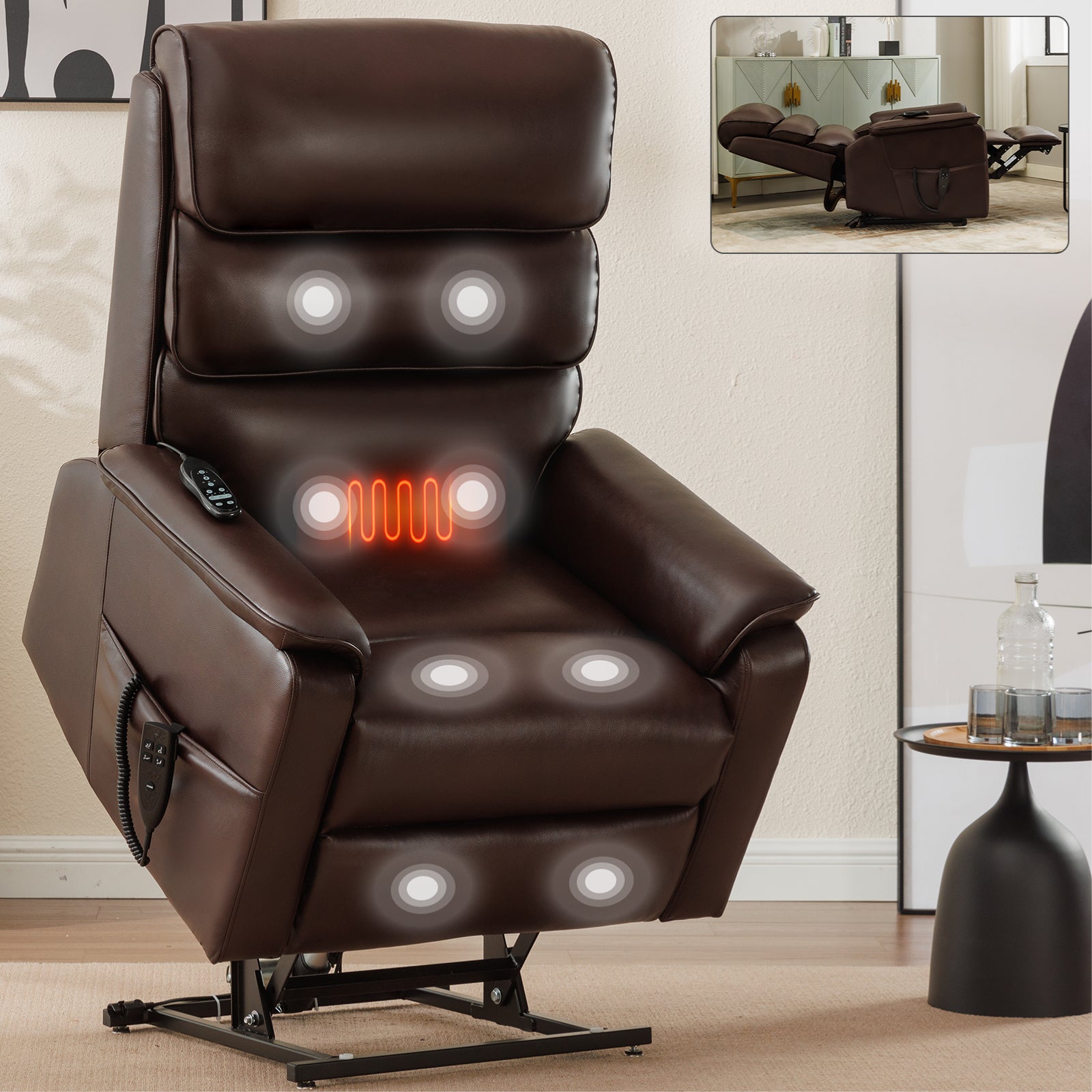 Brown Faux Leather Infinite Position Up to 350 LBS Power Lift  Chair with Heat + Massage