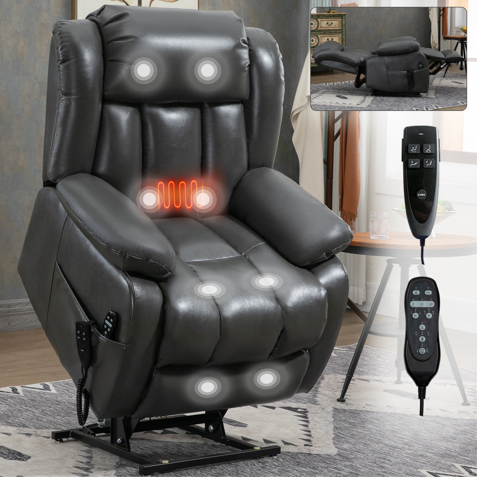 Dual Motor Infinite Position Up to 350 LBS Electric Medium size Grey Power Lift Recliner Chair with 8-Point Vibration Massage and Lumbar Heating