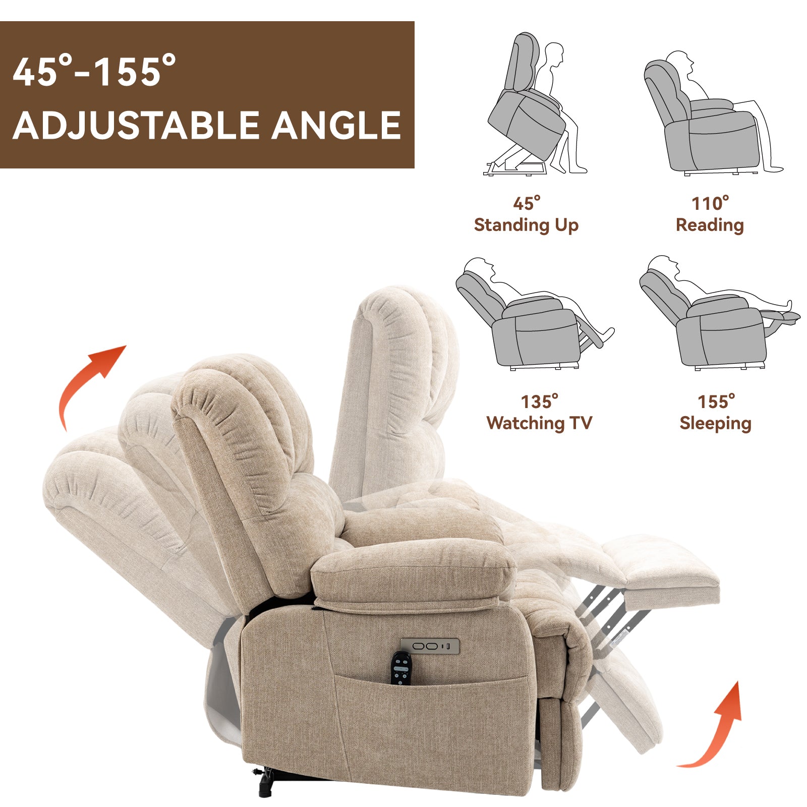 Oversized Chenille  Lift Recliner Chair with  Massage and Lumbar Heating