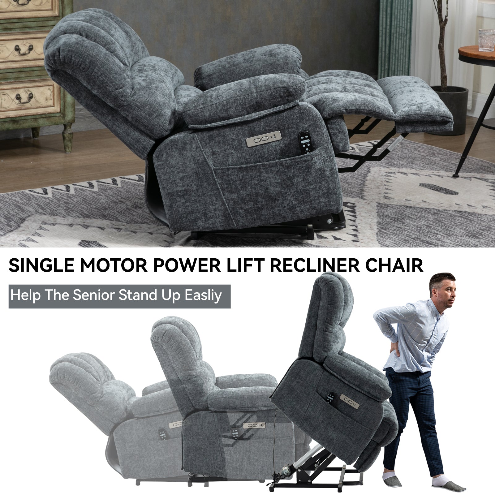 23" Seat Width and High Back Large Size Blue Chenille Power Lift Recliner Chair with 8-Point Vibration Massage and Lumbar Heating - Value Lift Chairs 