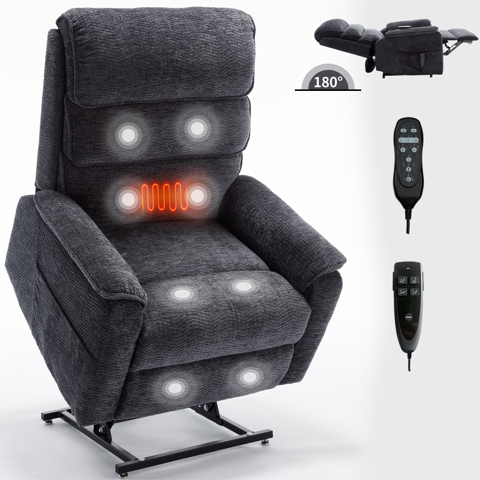 Grey Chenille Dual Motor Infinite Position Power Lift  Chair Heat + Massage