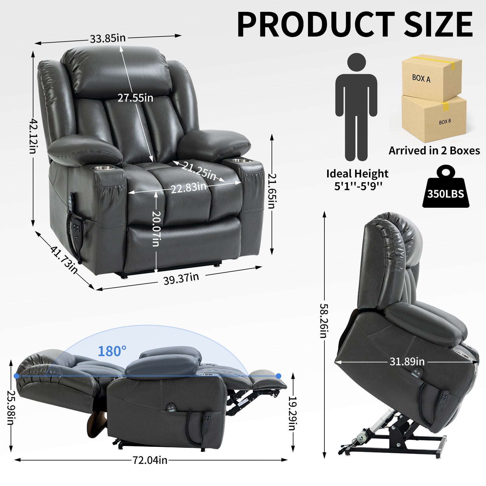 Dual Motor Infinite Position Up to 350 LBS Leatheraire Power Lift Recliner Chair, Heavy Duty Motion Mechanism with 8-Point Vibration Massage and Lumbar Heating, Stainless steel Cup Holders, Grey