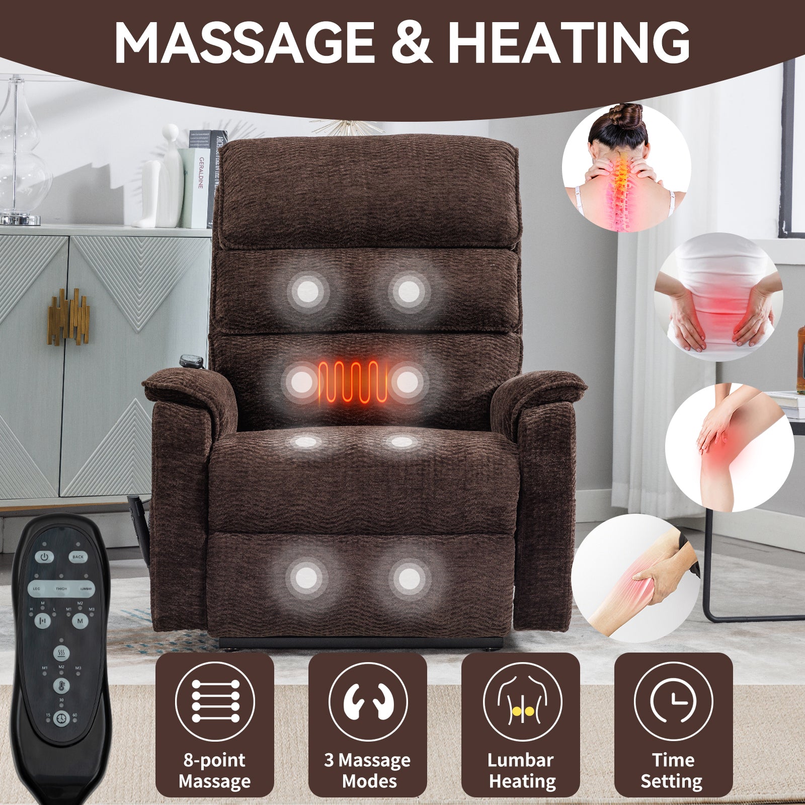 Brown Chenille Infinite Position Lift  Chair with Heat + Massage