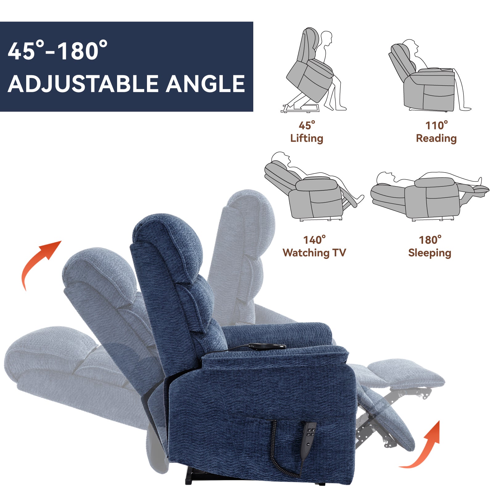 Blue Chenille Dual Motor Infinite Position Up to 350 LBS Power Lift Recliner Chair with Power-Remote, Heat Massage and Heavy Duty Motion Mechanism