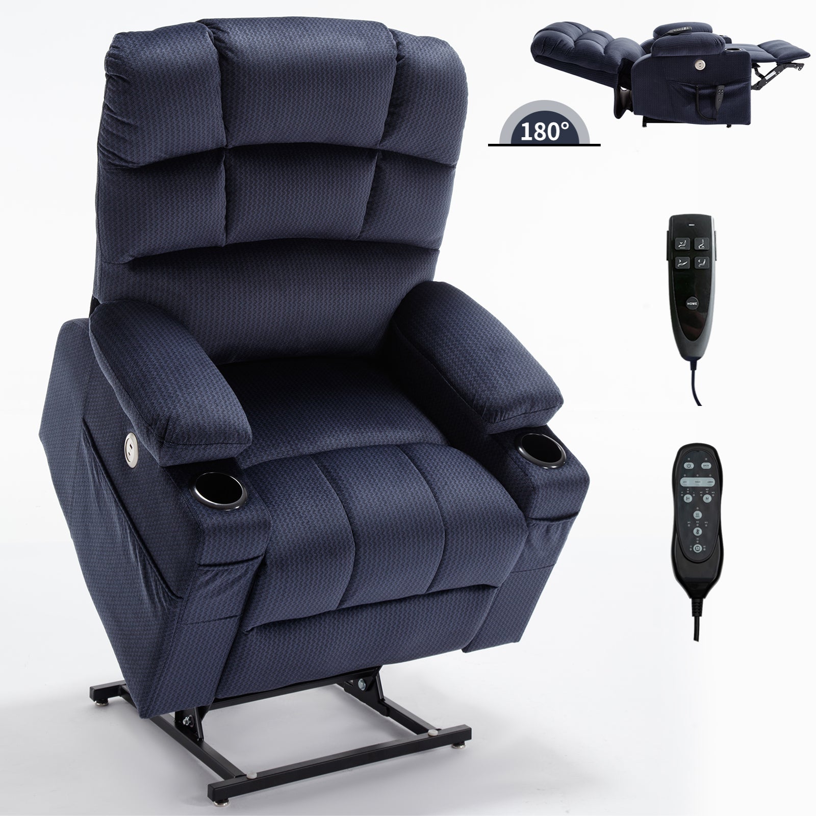 Blue Dual Motor Infinite Position Up to 350 LBS Chenille Power Lift Recliner Chair, Heavy Duty Motion Mechanism with 8-Point Vibration Massage and Lumbar Heating, Dual Cup Holders