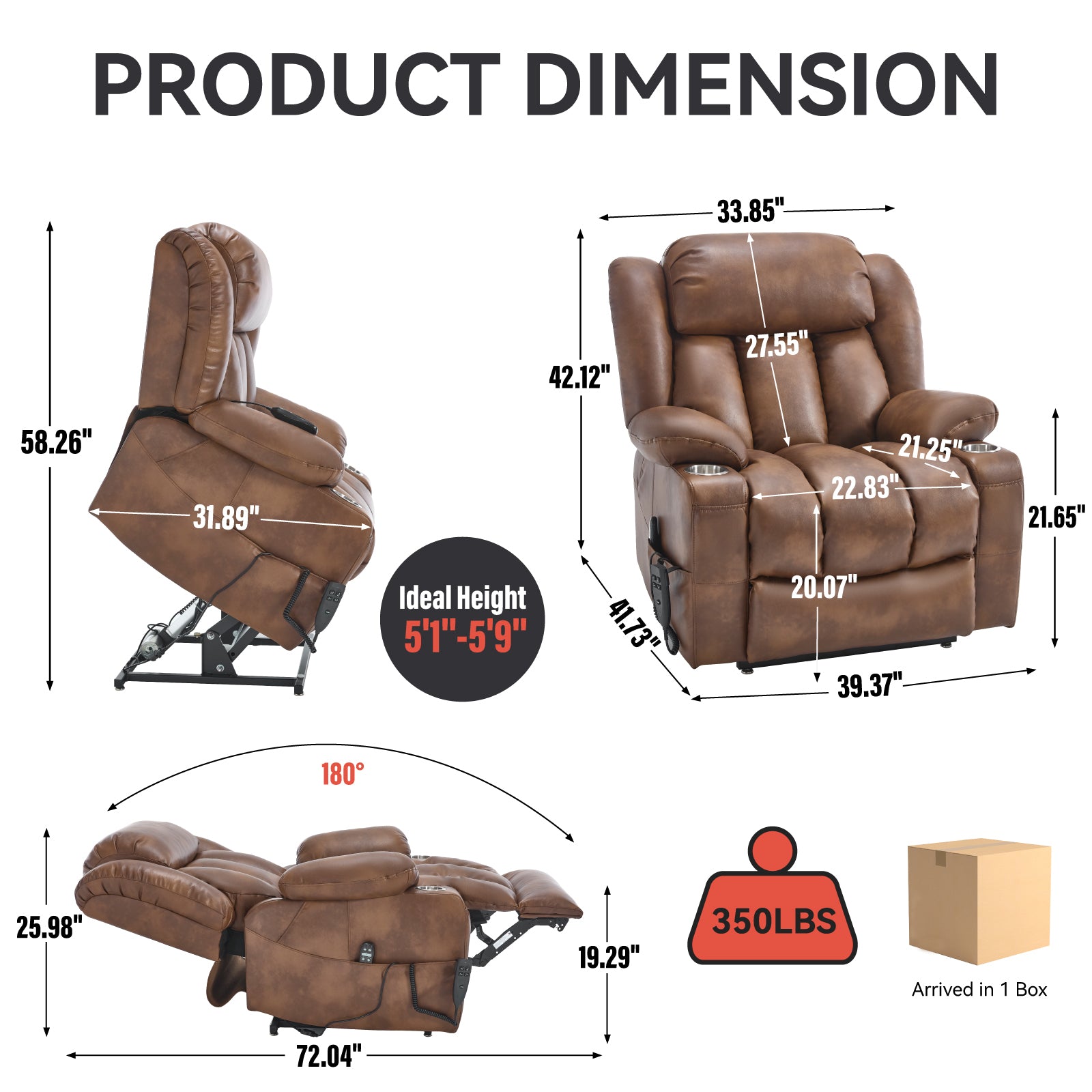 Dual Motor Infinite Position Up to 350 LBS Leatheraire Power Lift Recliner Chair, Heavy Duty Motion Mechanism with 8-Point Vibration Massage and Lumbar Heating, Stainless steel Cup Holders, Brown